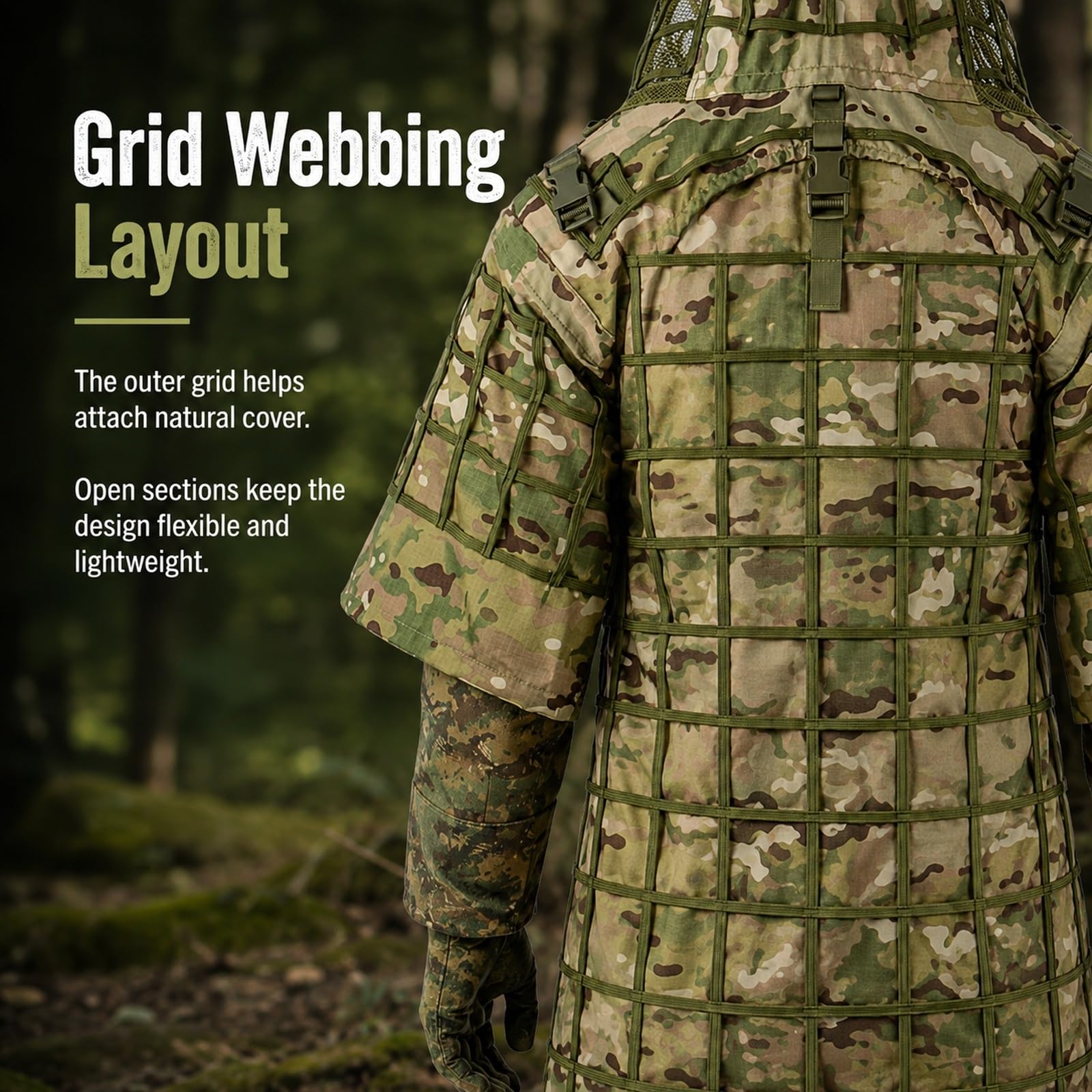 Ghillie Suit Tactical Set con Viper Hood E Mantello Camouflage Traspirante | Giacca Mesh Leggera E Traspirante for Caccia Fotografia Naturalistica Osservazione E Training Outdoor Bosco