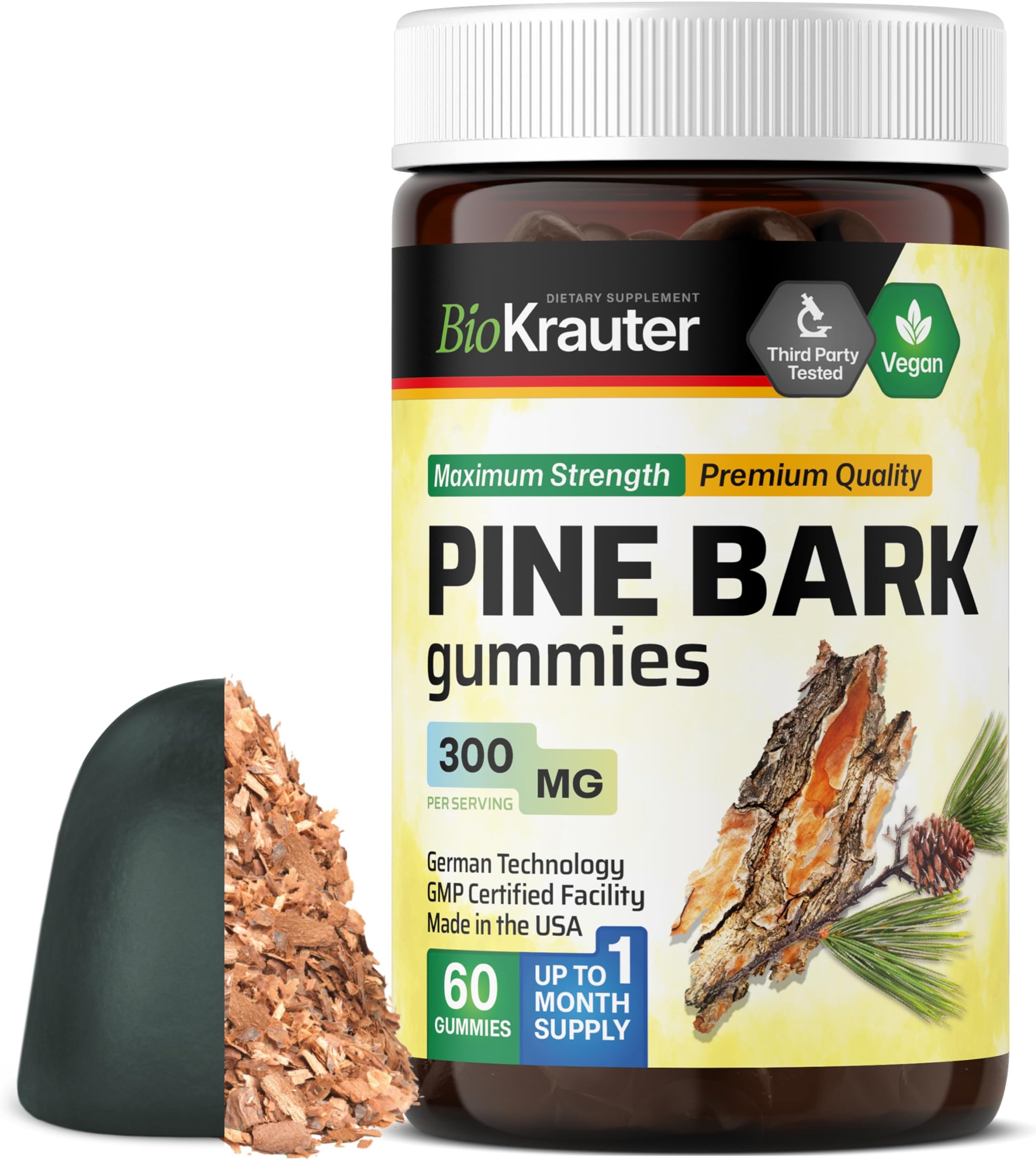 BIO KRAUTER® Pine Bark Extract for Skin & Antioxidant Support - French Maritime Pine Bark Gummies 300 mg for Clear Skin - 90 Gummies, 45-Day Supply - Non-GMO, Blueberry Flavor
