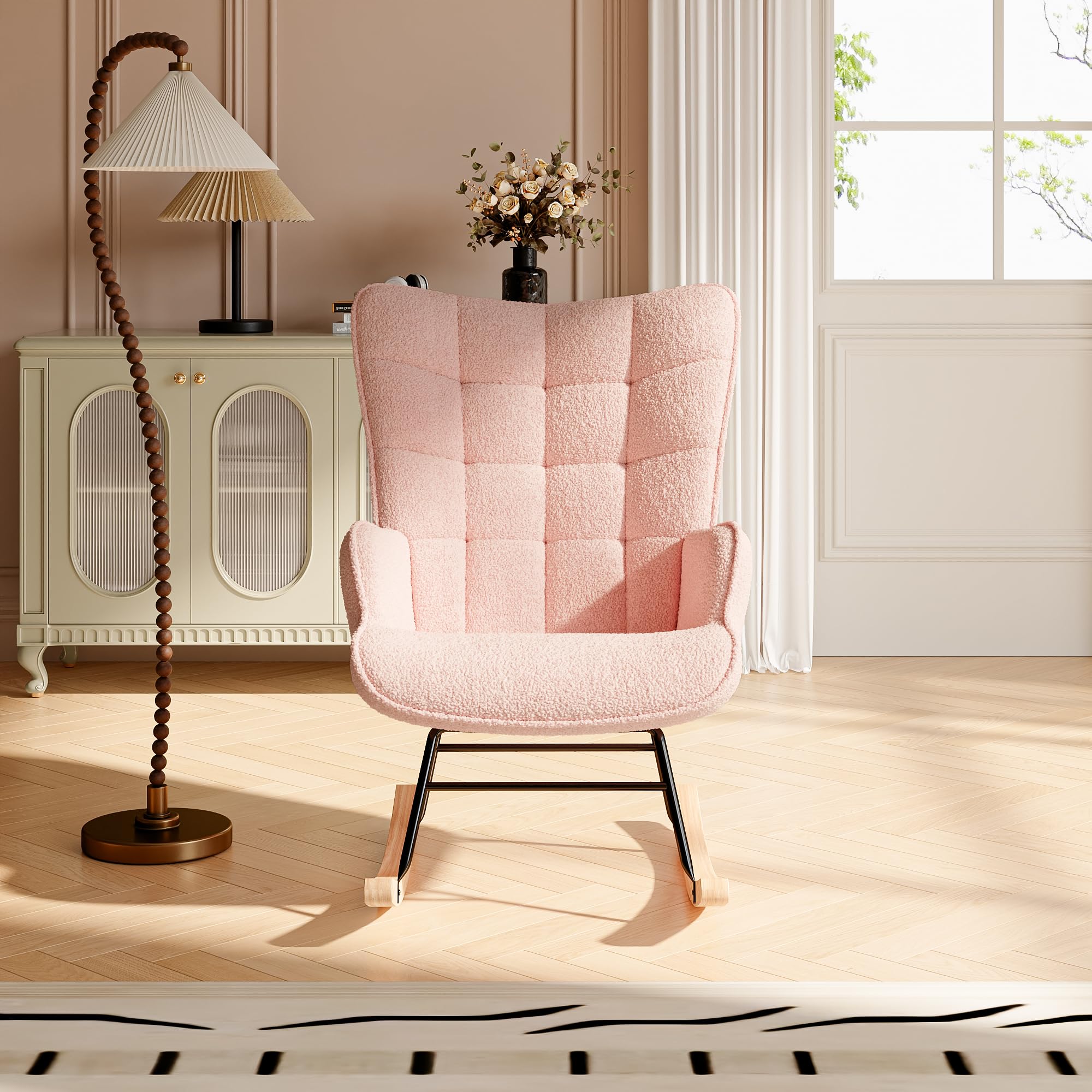 Sedia a dondolo Rosa, Rocking Chair, Sedia per l'allattamento, Sedia in velluto Teddy con gambe in legno massiccio, per soggiorno, camera da letto, balcone (rosa)