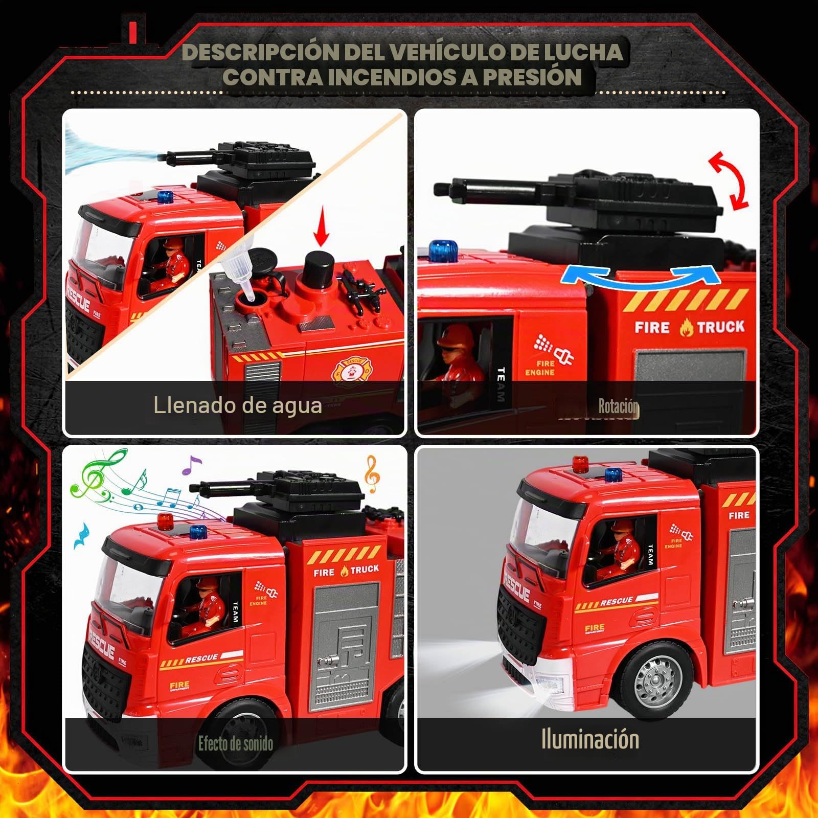 HILKKET 2 Camion Bomberos Juguete con Luces, Sonidos, Escalera y Manguera, Set de Camión de Bomberos con 2 Bomberos, 4 Cubos y 1 Extintor, Set de Juguetes de Bomberos para Niños
