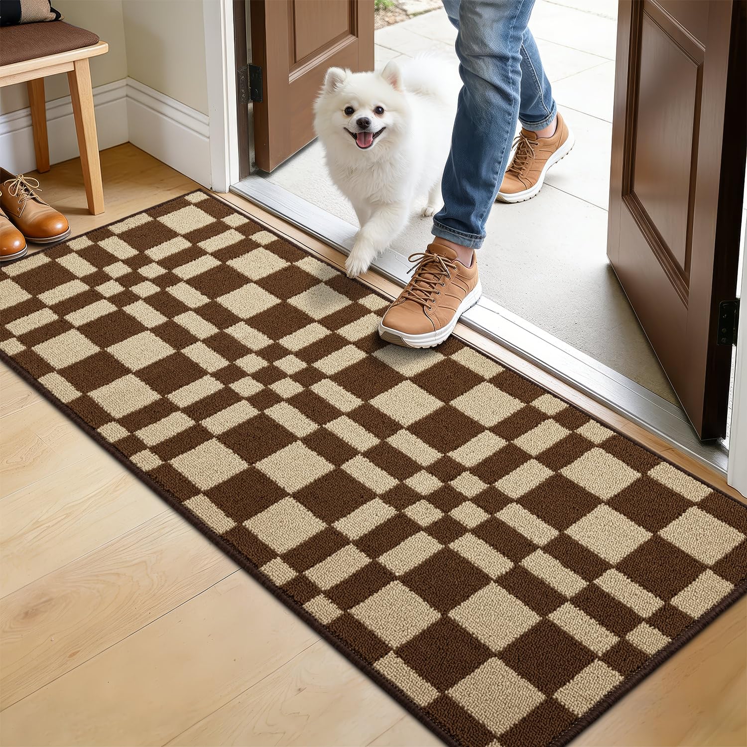 Biscpro Checkered Grid Checkerboard Dirt Trapper Indoor Doormat,50x120cm Welcome Door mat,Non Slip Door Mats Indoor,Washable and Absorbent Low-Profile Entryway Rug for Hallways,Kitchen,Laundry(Brown)
