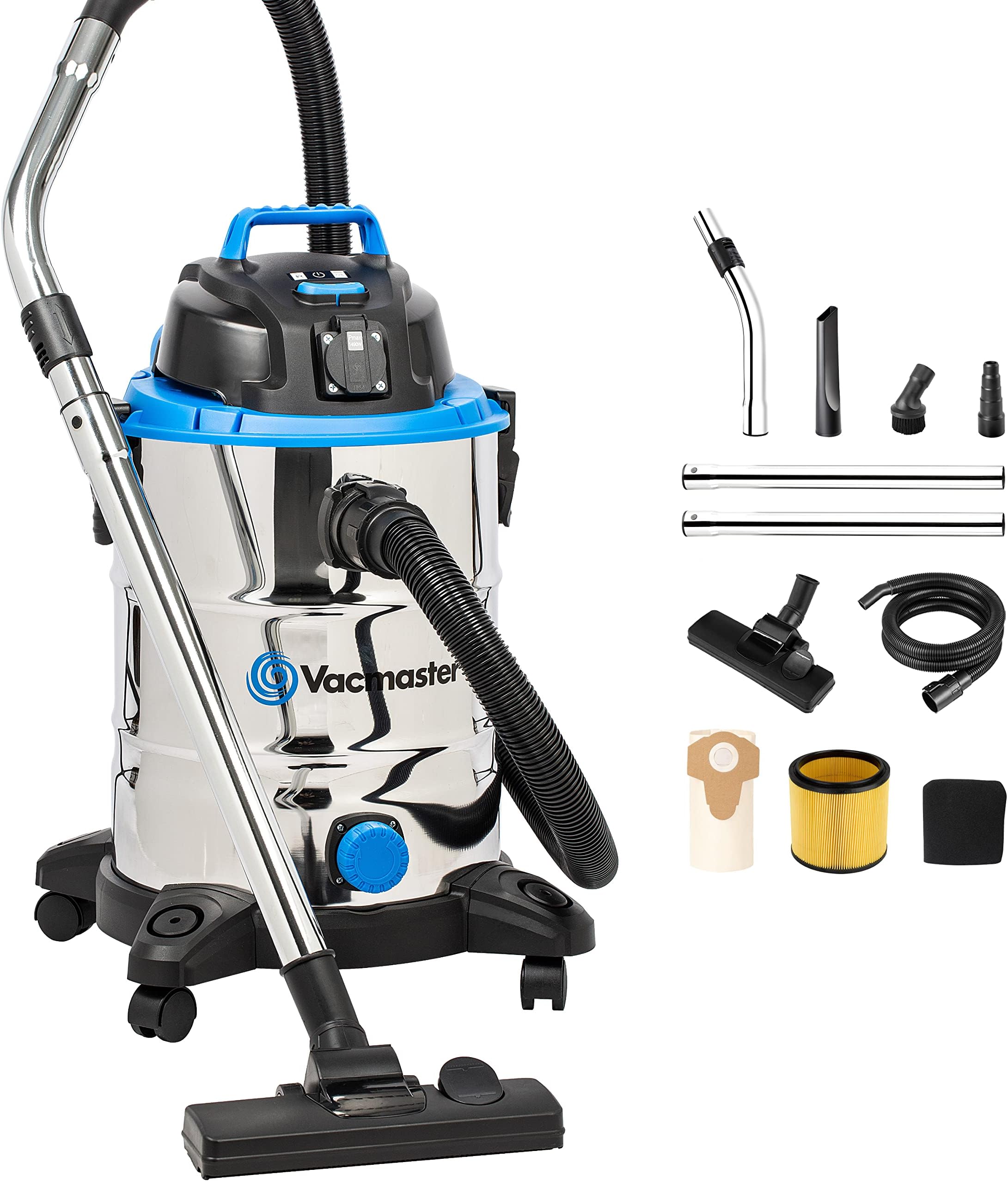 Vacmaster 1500w 30l Wet & Dry Vacuum cleaner,industrial stainless steel, blower function, power outlet with power tools with 5 Fine Filtration Dust Bags