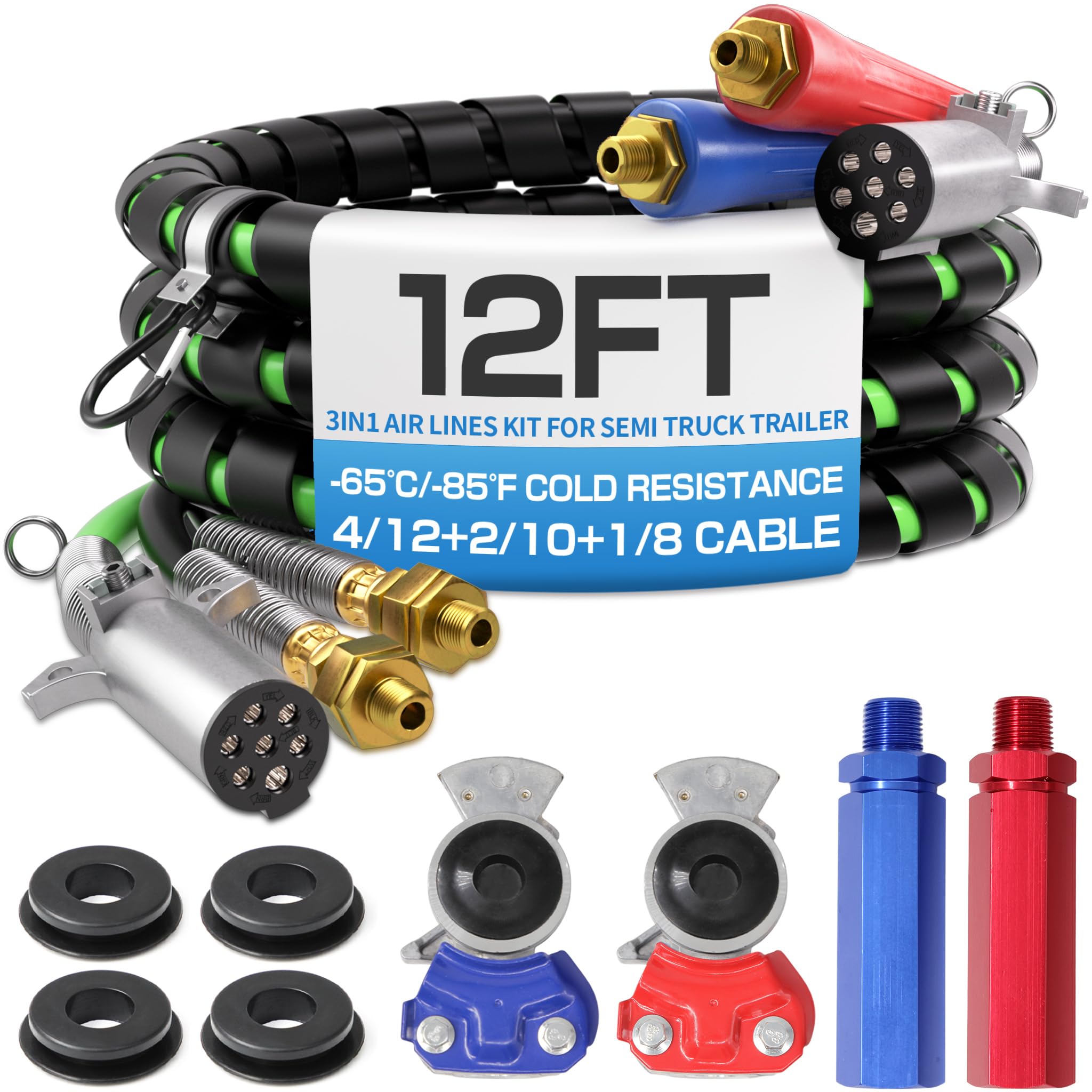 Photo 1 of Deluwire 12FT 3 in 1 Semi Truck Air Line Kit with Glad Hands, Handles and Seals, Air Hoses Wrap 7 Way Trailer Cord Power Air Line, Trailer Cord and Air Hoses Assembly for Semi Trucks Trailer Tractor