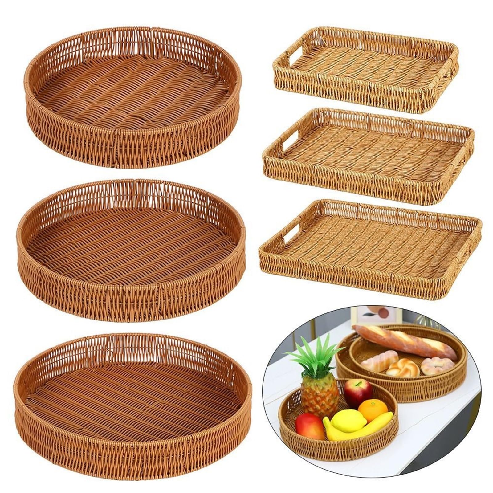 Food Plate Handwoven Rattan Storage Tray Round Shape Fruit Vegetable Cake Wicker Basket pour l'organisation de la Maison(7 * 39.5cm)