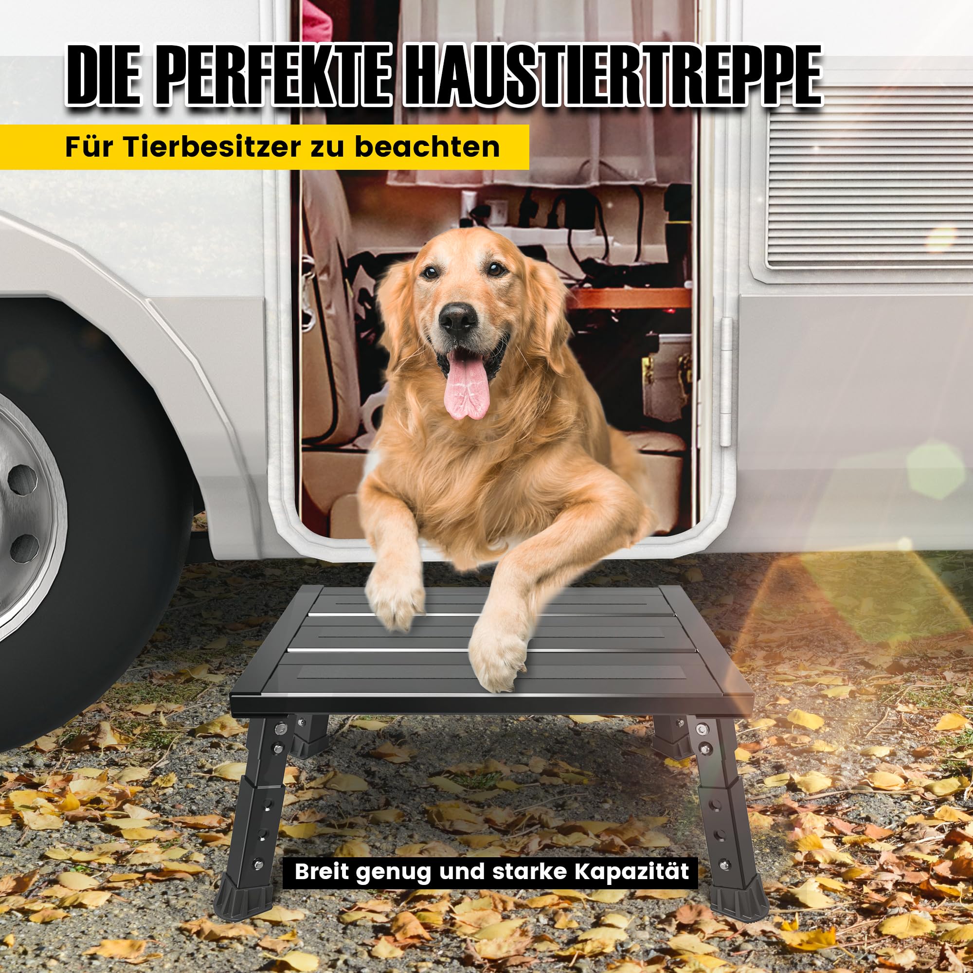 Escalón plegable de aluminio, soporta 300 kg, taburete de altura ajustable en 3 niveles, amplia superficie antideslizante, para caravanas, jardín y escaleras de perros, ligero y plegable (negro