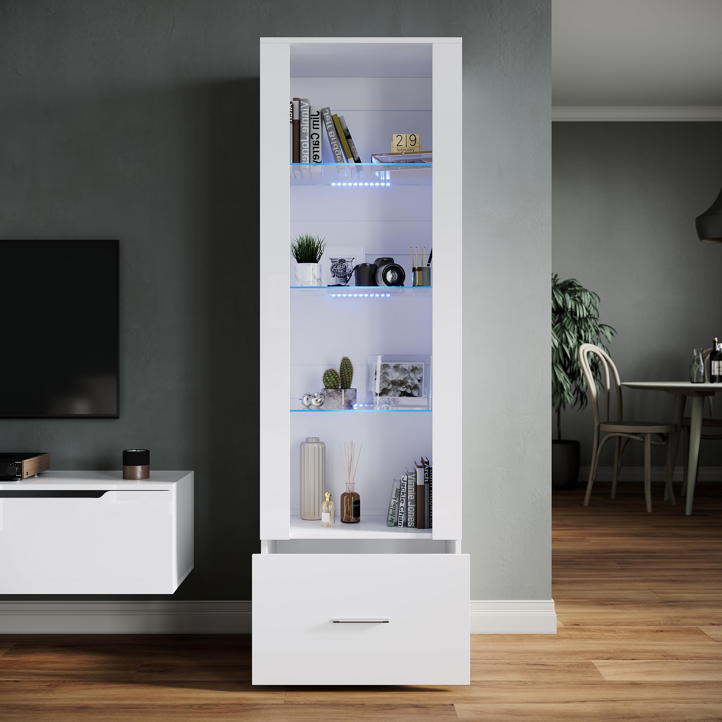 SONNI Vetrinetta soggiorno, Vetrina Trasparente con luce LED Illuminata, Frontale Bianco Lucido, Vetrinetta da Collezionismo, Vetrina Soggiorno Moderna, 55x35x172cm