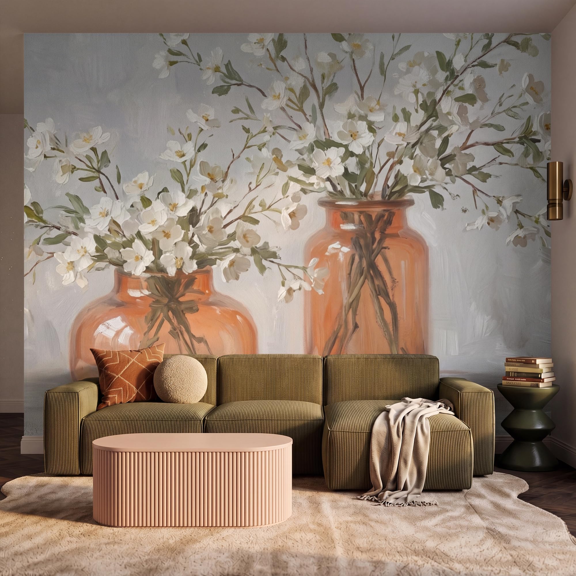 Vinyl Tapete Premium 300x260 cm Wohnzimmer Schlafzimmer Küche Flur Moderne Wand Tapeten Wallpaper For Living Room Bedroom Vasen - Blumen - Orange