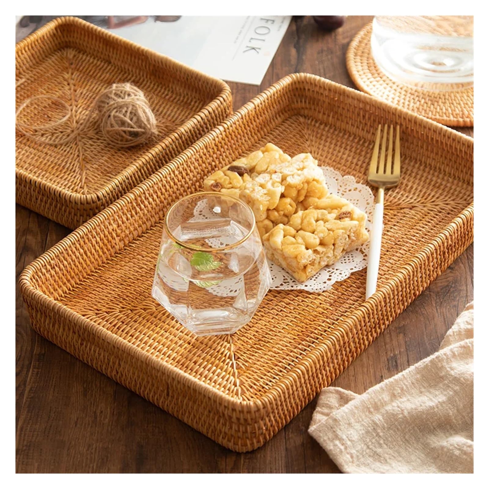 Bandeja de Mimbre Bandeja de Mimbre for Servir, Bandeja Tejida Rectangular, cestas Decorativas de Mimbre Natural for organizar el baño, Organizador de Cocina(M)