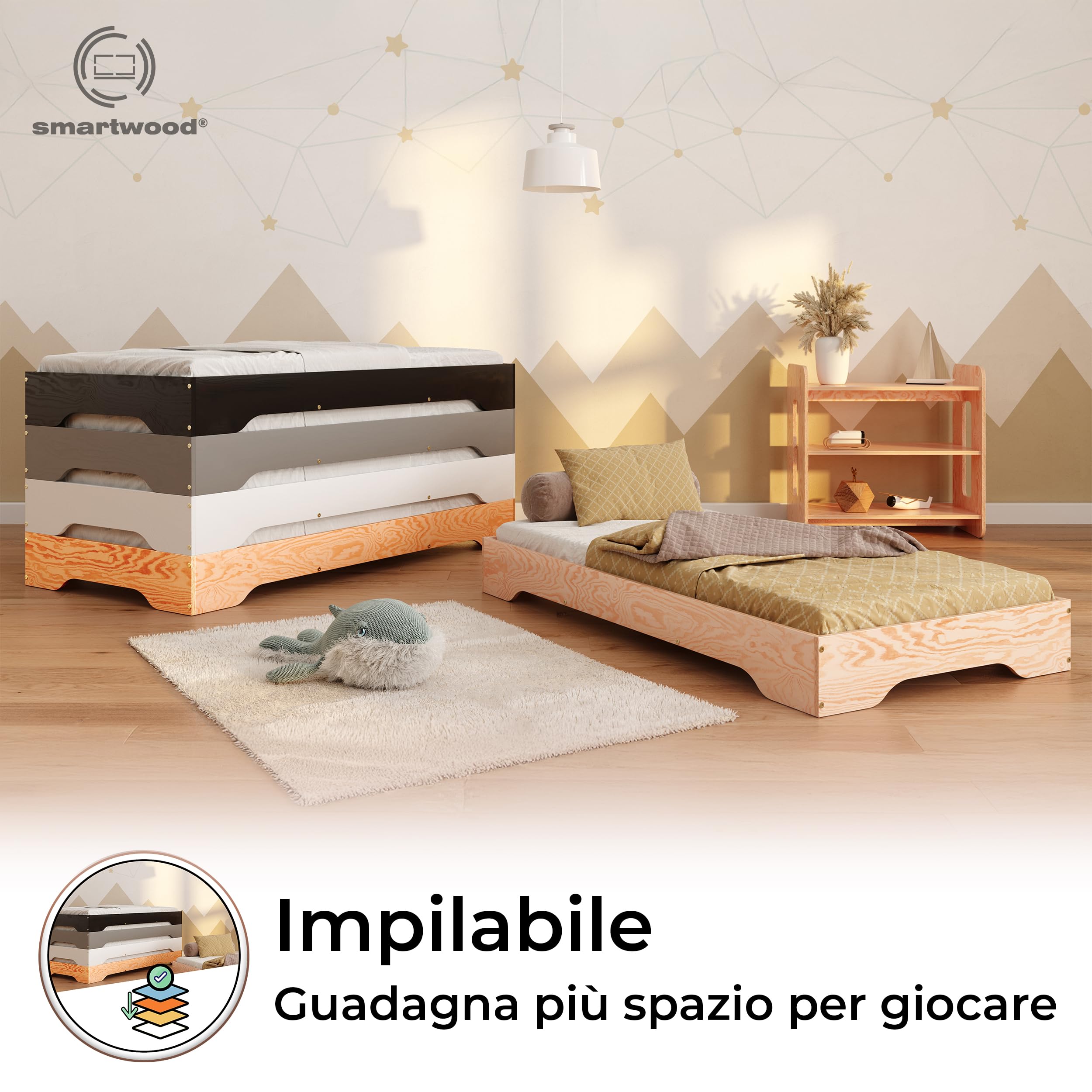 smartwood Lettino Montessori 80x180 cm - Letto Bambini in Legno di Pino certificato FSC con Rete a Doghe - portata 230 kg - Per Bambino e Bambina - Montaggio semplice - TILA 7