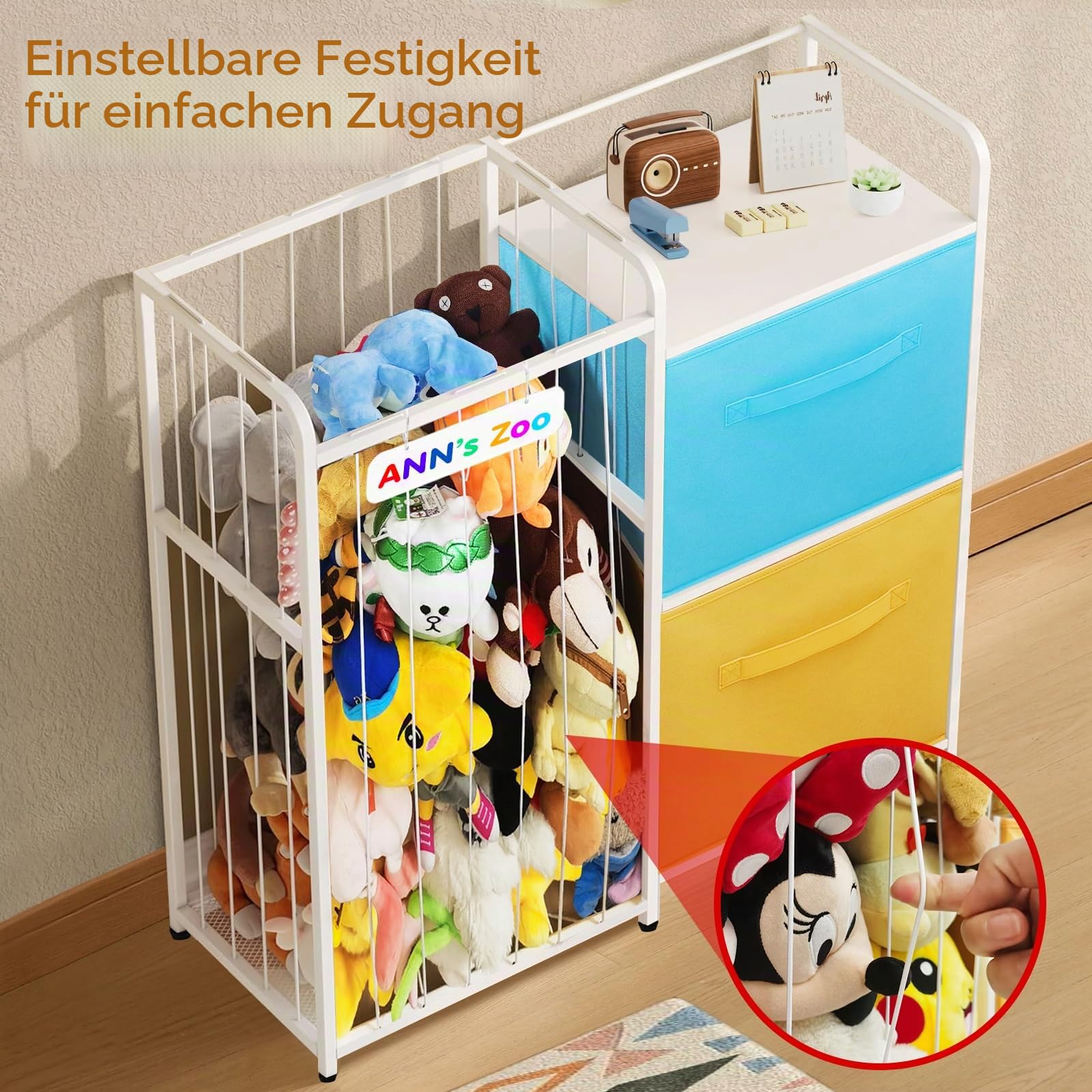 Kuscheltier Aufbewahrung, Metall Stofftier Aufbewahrung mit 2 Fächern für Plüschtiere Teddy, 187L Bücherregal Kinder Spielzeugschrank Spielzeug Korb für Kinderzimmer Möbel Deko B