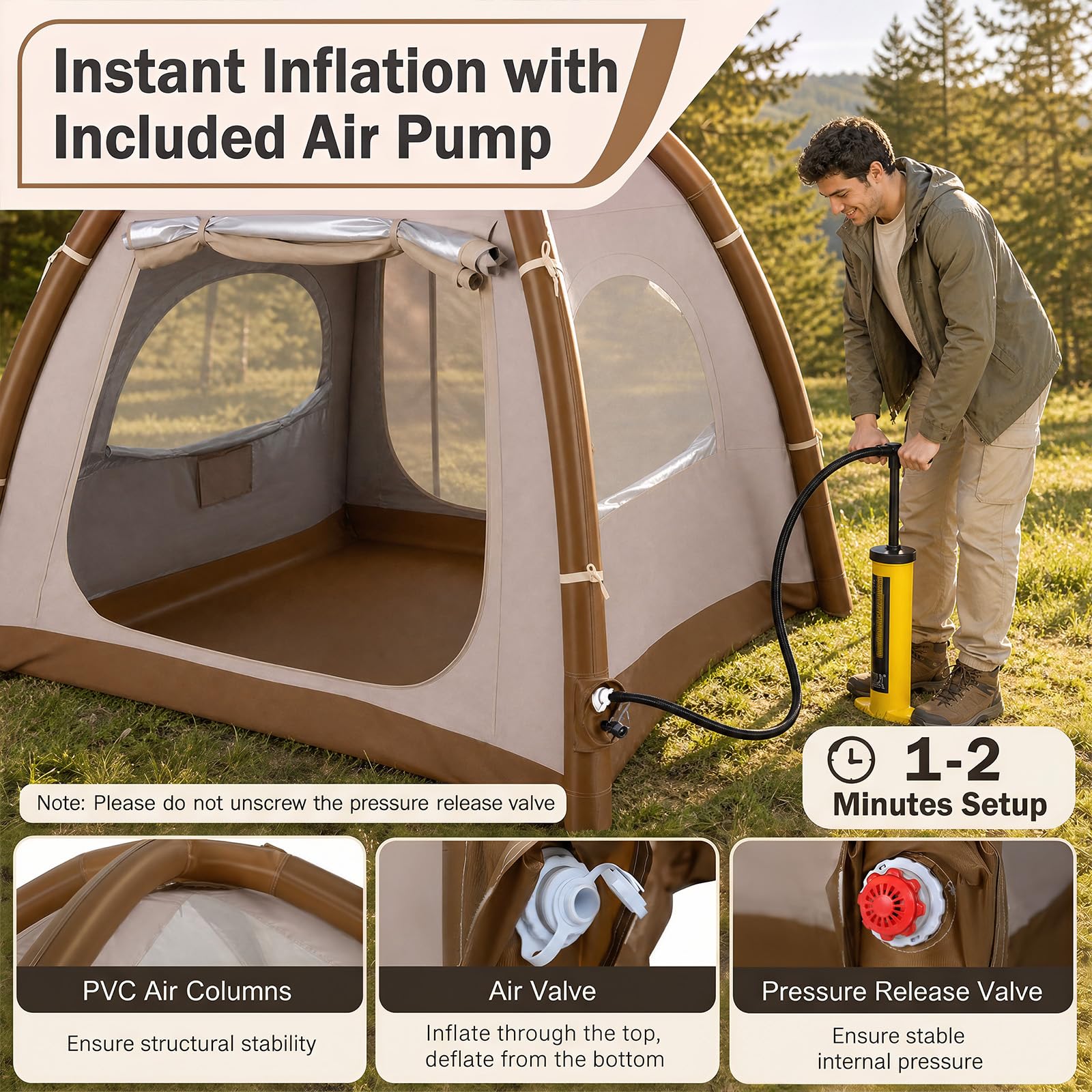 HOMASIS Tenda Gonfiabile da Campeggio 2-4 Posti, 208 x 208 x 196 cm | Tenda Esterna con Pompa Manuale, Copertura Rimovibile, Lucernari e Finestre Traspiranti, Tendone Impermeabile con Borsa