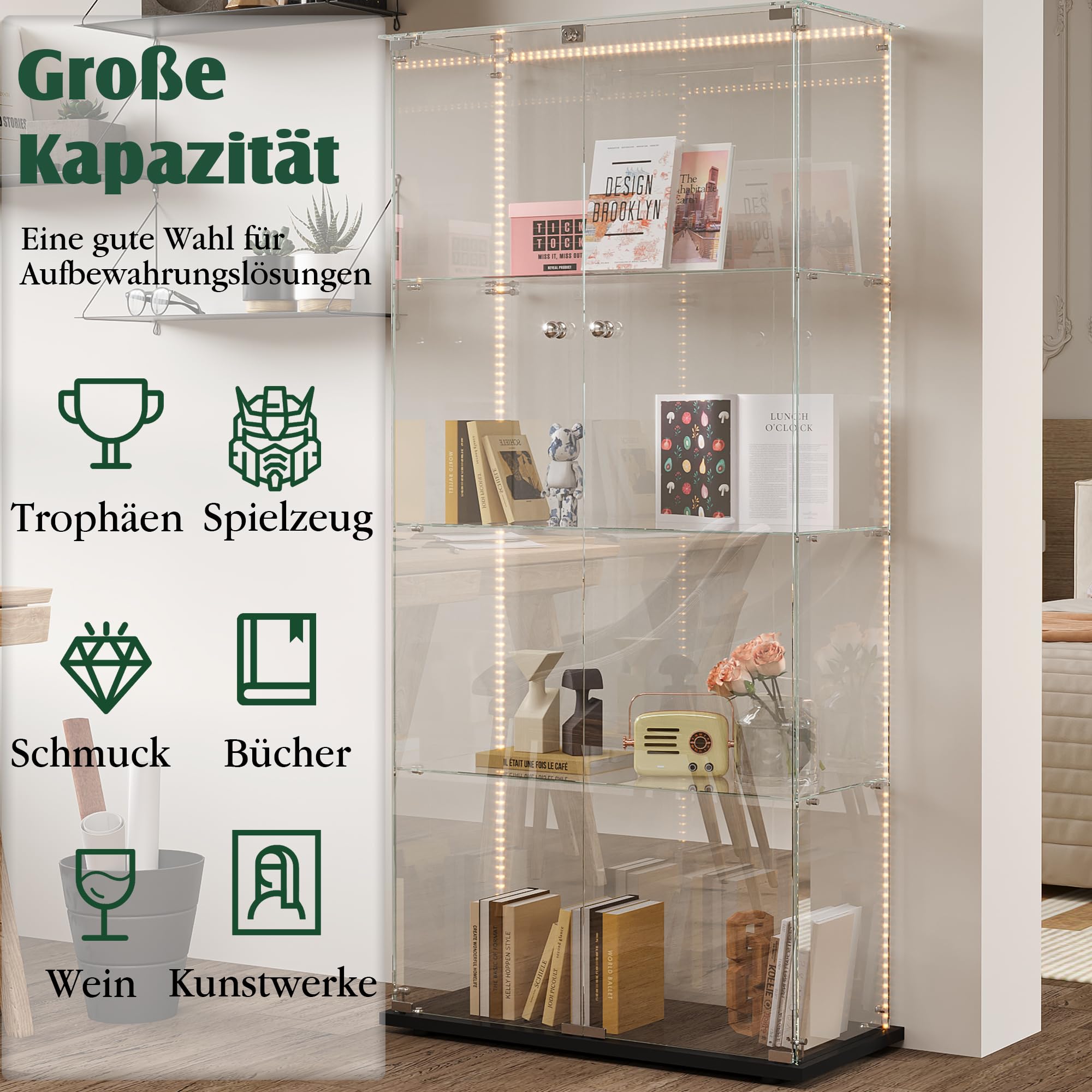 Szklana witryna z oświetleniem, stojąca, witryna kolekcjonerska, szklana witryna z 2 szklanymi drzwiami i 4 szklanymi półkami, szafa z witryną do salonu, sypialni, biura (czarna, 2 drzwi, 4 warstwy