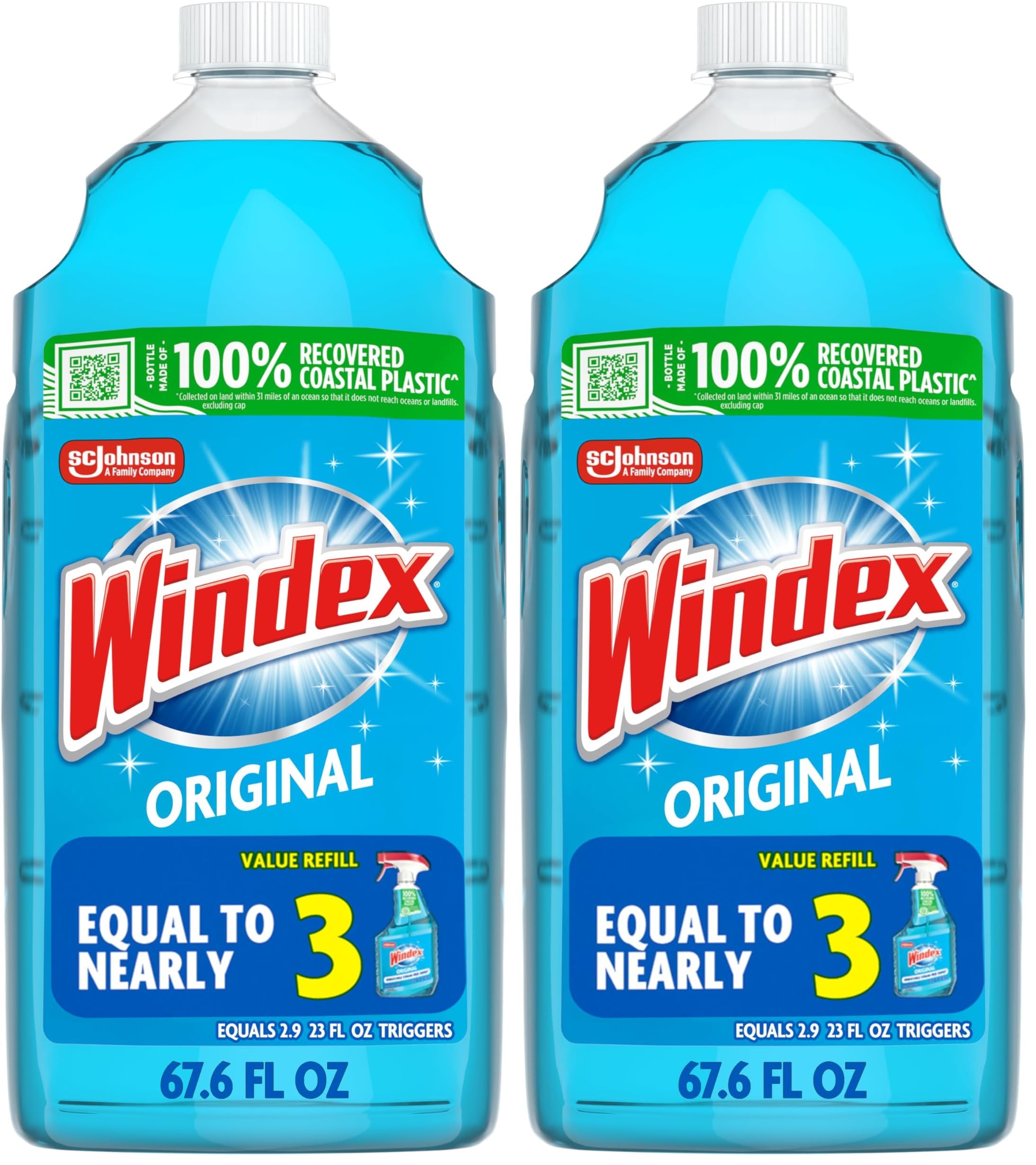 Windex Refill Glass and Window Cleaner Bottle, Bottle Made from 100% Recycled Plastic, Surface Cleaning Spray, Original Blue Scent, 2L (67.6 Fl Oz) (Pack of 2)