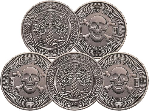 Remuuly 5 monedas Memento Mori con diseño de calavera y árbol de Memento Vivere, monedas en relieve para recordatorios, tomador de decisiones,