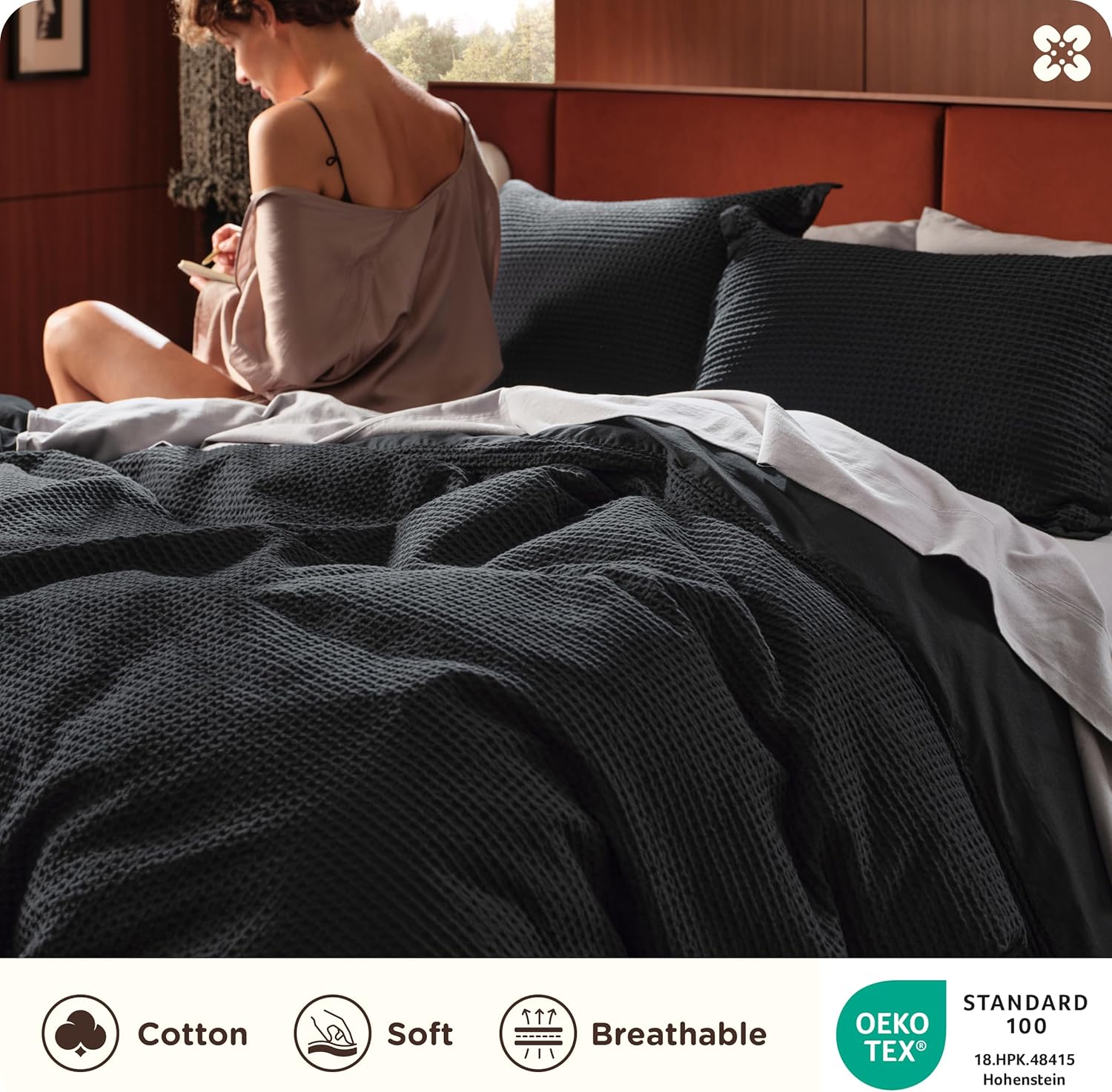 Bedsure Cotton Duvet Cover King - 100% Cotton Waffle Weave Black Duvet Cover King Size, GentleSoft™ and Breathable Bedding Set for All Season, 3 Pieces, 104"x90" - Image 3