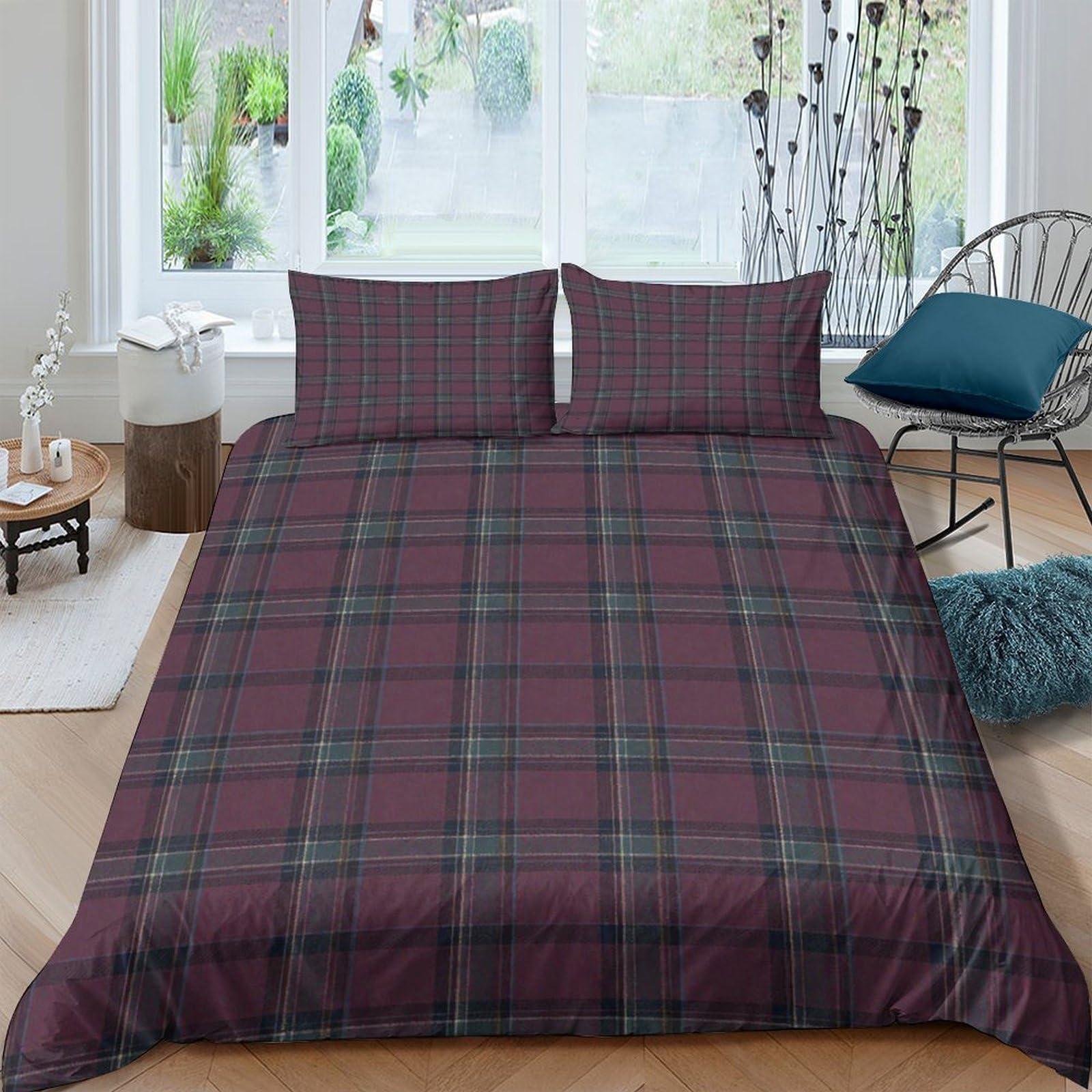Ctjqhvkz Style-2 3D Printed Burgundy Plaid Fitted Sheet Microfiber Soft Breathable Tartan Bed Cover For Bedroom Guestroom Mattress Protection Single（135X200cm）