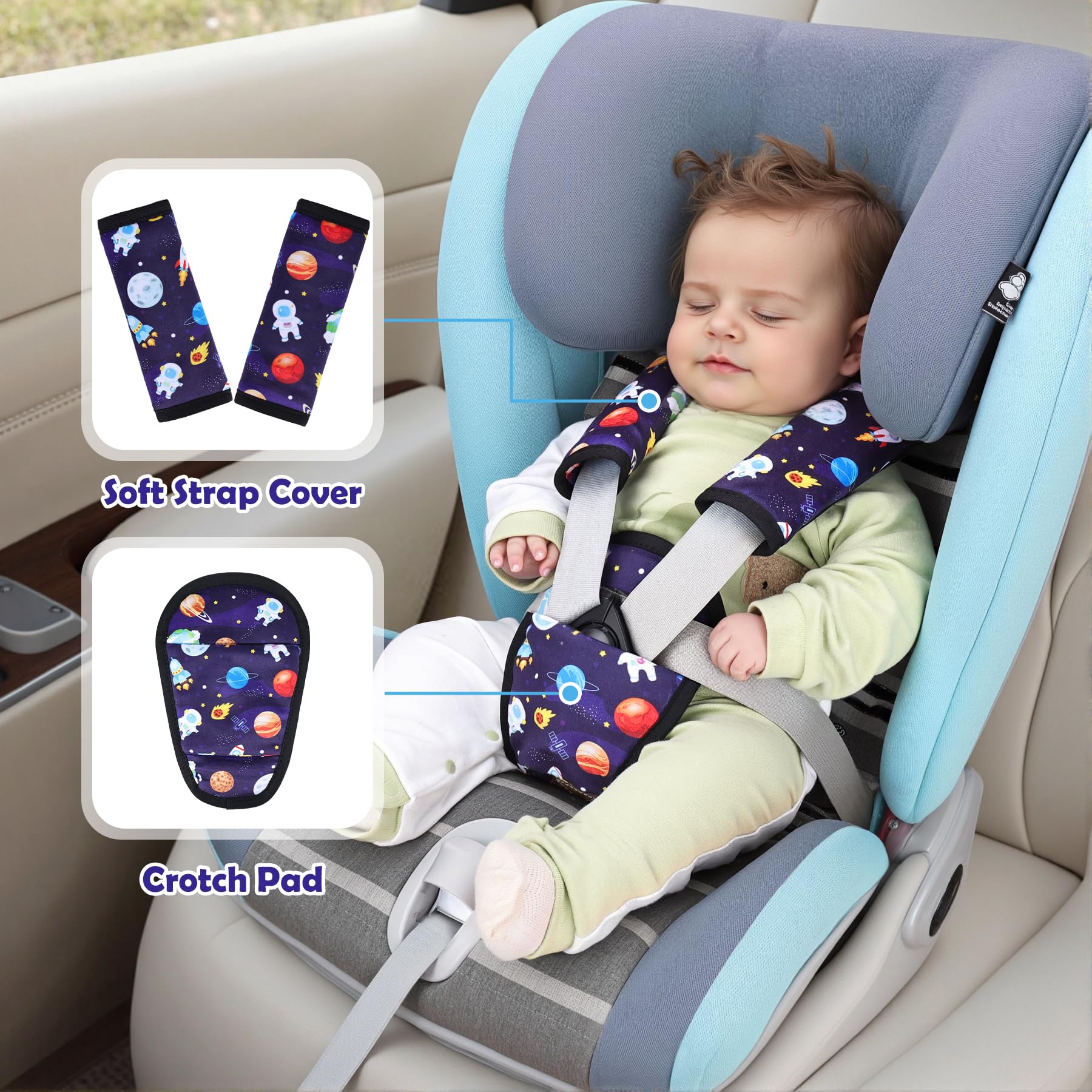 AZAMIA 3 Pcs Car Seat Stroller Straps Pads for Baby, Newborn Soft Shoulder Strap and Crotch Covers, Universal Shoulder Straps Pads for Car Seat, Pushchair, High Chair (Starry Sky) - 3
