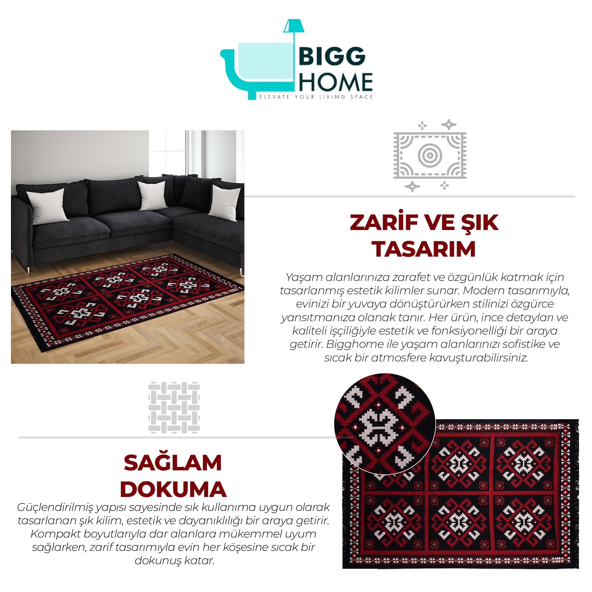 Bigghome Kilim, Makinede Yıkanabilir, Modern Desenli, 80 * 150 cm, SA25MK