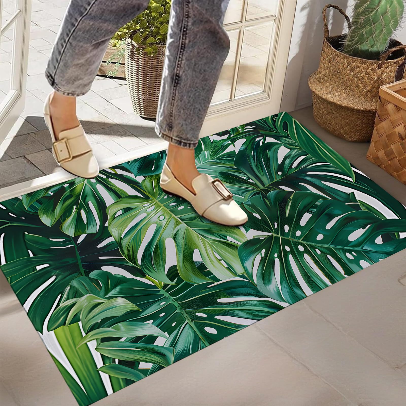 Monstera Leaf Indoor Doormat, Non-Woven Fabrics Non Slip Floor Mat 17x29.5 in Area Rug Quick Absorbent Entrance Rug Front Door Mat, Welcome Mats Entryway Rug Doormats for Kitchen Home Patio Bedroom