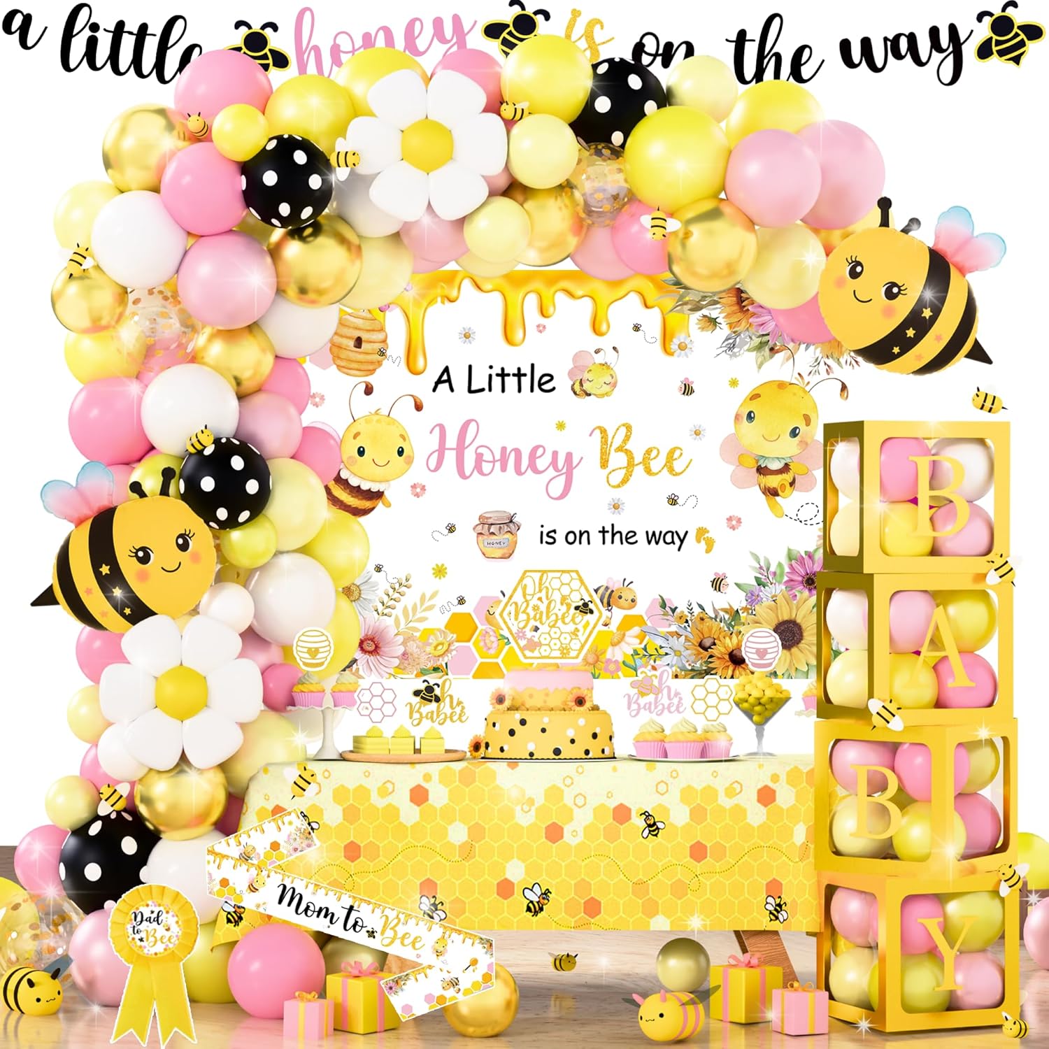 Bee Baby Shower Decorations for Girls, Pink Bumble Bee Baby Shower Decor Kit, A Little Honey Bee is One The Way Baby Gwrwer, Bee-w Balloonw Banner Bckdrop for Baby Girl Shower Party