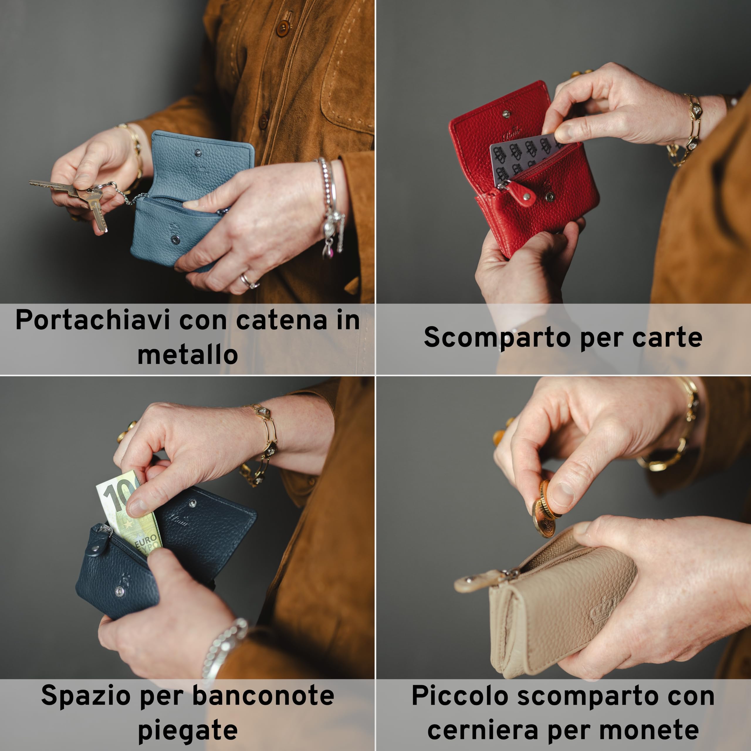 Baur portachiavi da donna in vera pelle – astuccio chiavi con anello in metallo e chiusura a bottone – piccolo portafoglio con cerniera per banconote, monete e carte (Cognac)