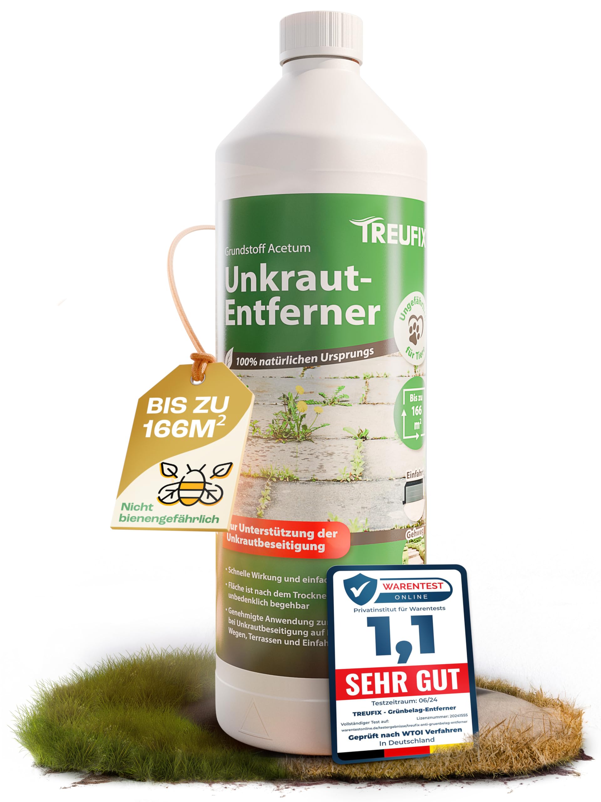 Treufix Konzentrat zur Unkrautentfernung Grundstoff Acetum (Essigsäure) Ohne Glypohosat zur Unterstützung bei Unkrautbeseitigung auf Pflastersteine, Gartenwege, Terrasse & Einfahrt 1L - Made in DE