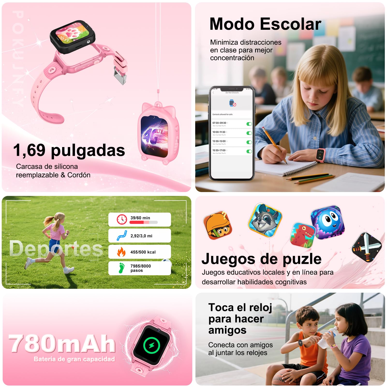 4G Reloj Inteligente Niño GPS y Llamadas Videollamadas Teléfono SOS Whatsapp Juegos Cámara Podómetro Modo Escuela Despertador Digital Impermeable Regalo para Smartwatch Niños Niña