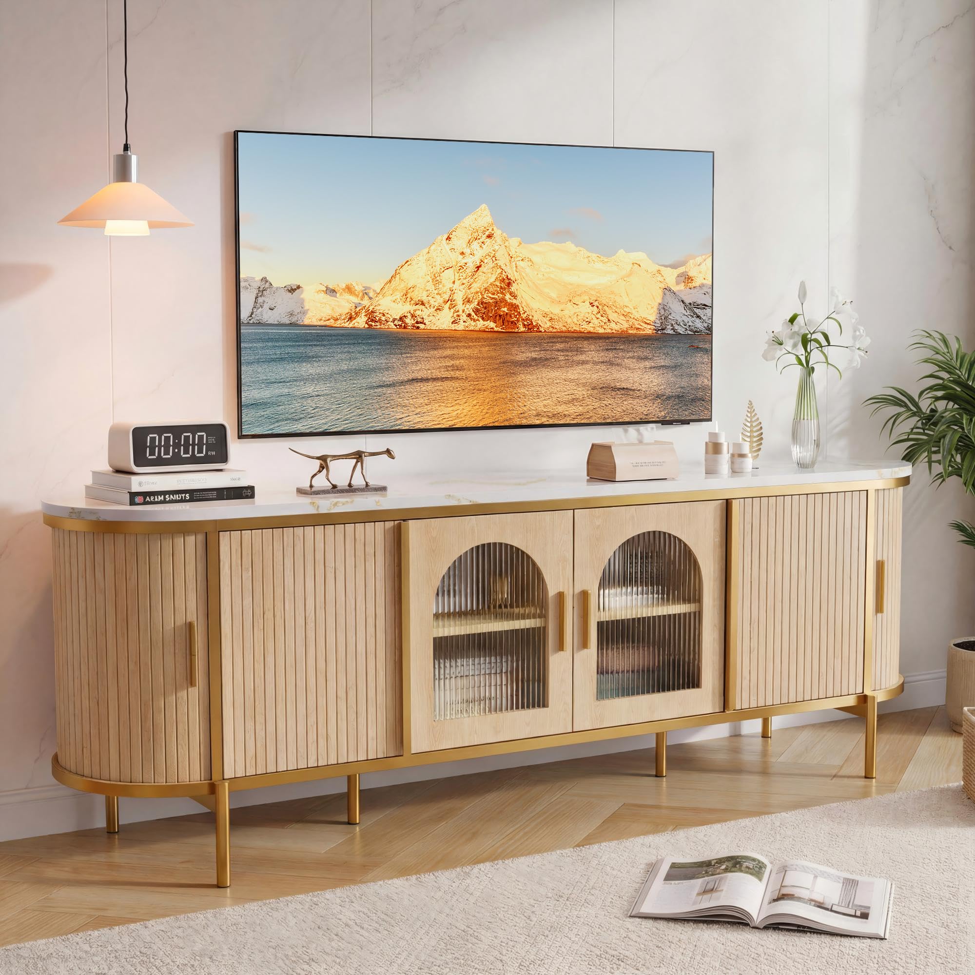 Photo 1 of **MISSING PARTS**
OneBlis 70" Fluted TV Stand, Modern Entertainment Center with Reeded Glass Door, Ajustable Shelves & Sliding Doors, TV Console with Large Storage Space, Media Console for Living Room, Oak