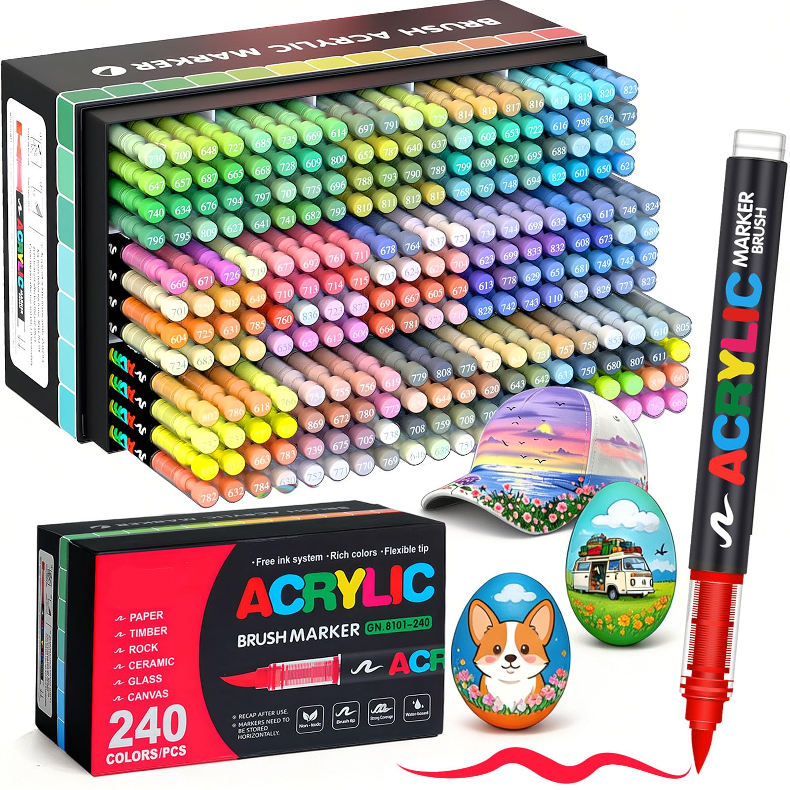 Pennarelli Acrilici 240 Colori Acrylic Marker Brush Pen per Dipingere Sassi, Tessuti, Metallo, Vetro, Legno, Tela, Ceramica, Plastica, Atossici e Inodori
