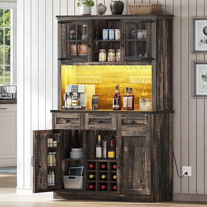 DWVO Coffee Bar Cabinet with Power Outlet/Lights, 72" Farmhouse Pantry Cabinet with Storage Shelves and 3 Drawers, Tall Liquor Cabinet Bar Cabinets for Home/Living Room, Dark Rustic Oak