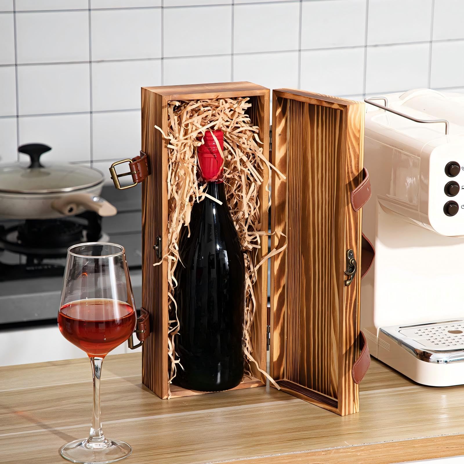 Briwooody Wein-Geschenkbox aus Holz, rustikale braune Weinboxen für Geschenke, Einzelflaschenhalter mit Lederschnallenriemen und Verriegelungsriegel, für Valentinstag, Geburtstag, Hochzeit, Champagner