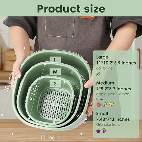 Miniatura 2 de Coladores y coladores grandes de 8.2 cuartos de galón, 3 juegos de coladores de plástico 2 en 1 de doble capa para cocina, cesta de lavado de frutas