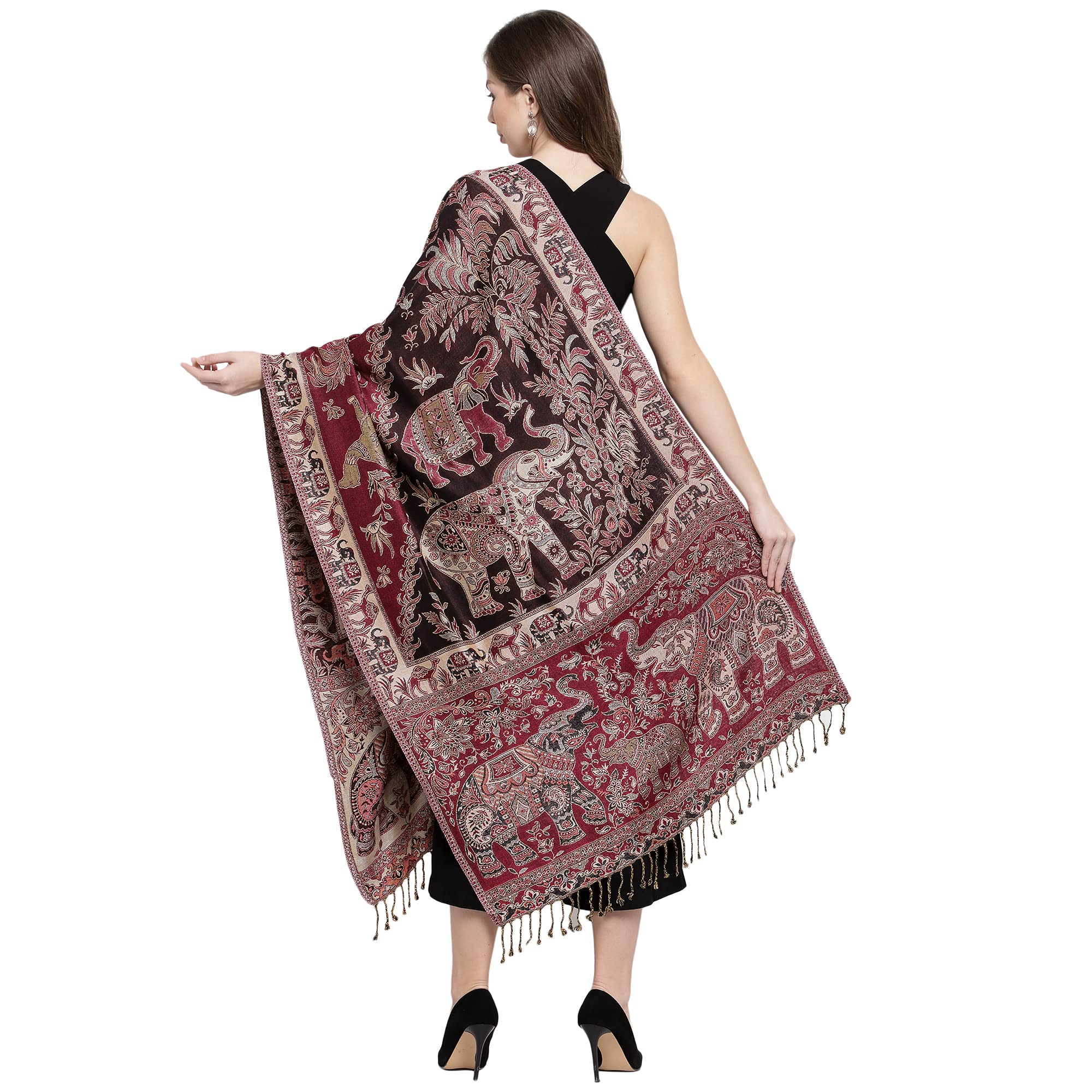 Pashtush Womens Bamboo Reversible Stole, Safari Elephants, Maroon and Black 1