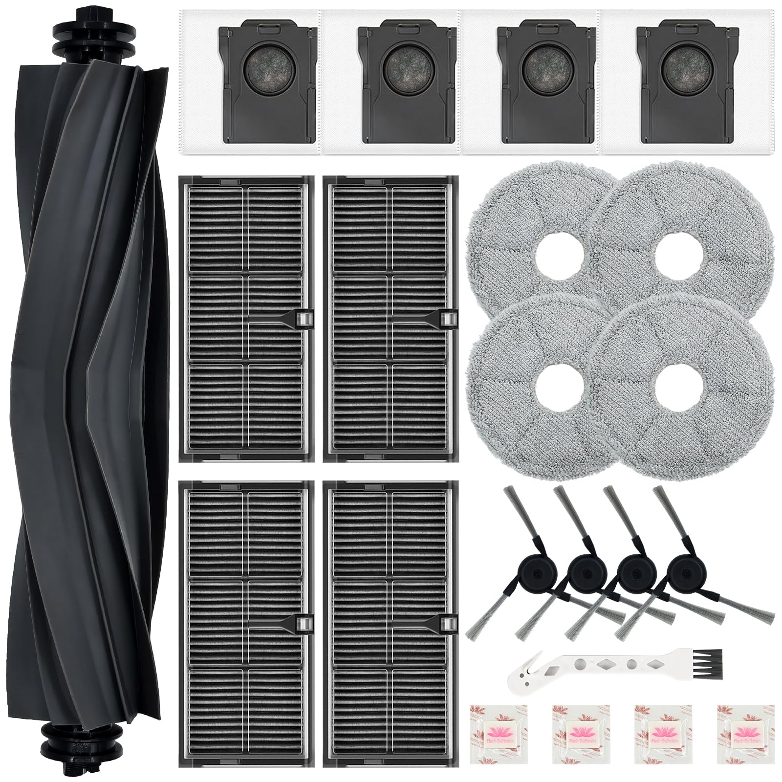 GZEduld 22-Stück Zubehör für Mova E40 Ultra Saugroboter,1 Hauptbürste, 4 Filterelemente, 4 Staubbeutel, 4 Wischmopps, 4 Seitenbürsten, 4 Dufttabletten,1 Reinigungsbürste