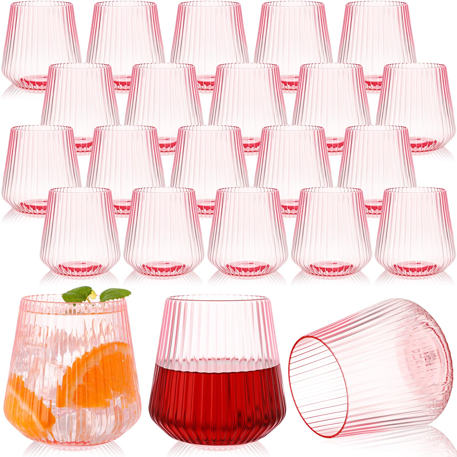 Suclain Weingläser aus Kunststoff, gerippt, ohne Stiel, 400 ml, vertikales Design, unzerbrechliche Becher für drinnen und draußen, Vintage, elegante Champagner-Whiskygläser für Weihnachten, Party,