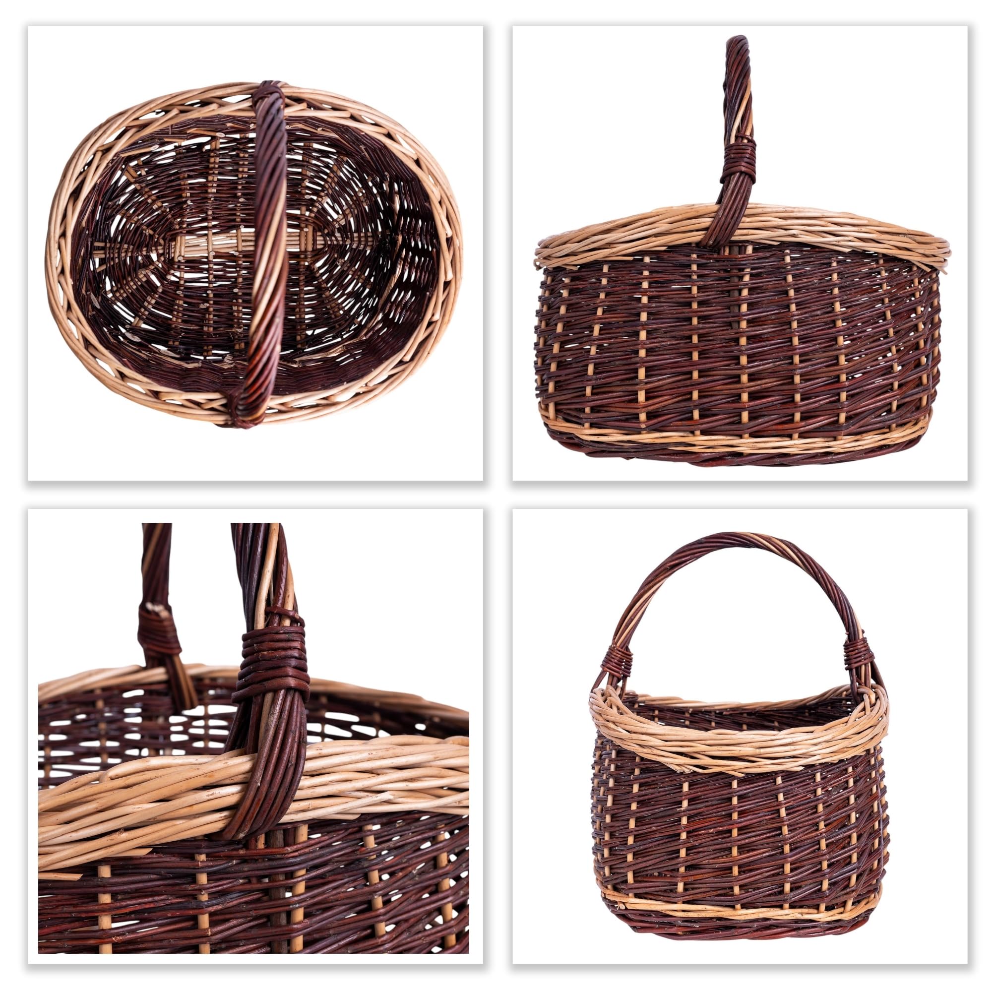 Creative Home Cesta de Mimbre Grande con Asa y Trenza Picnic 43x33x40cm | (+/-1cm) | Ligera | para Setas Compra Regalo Plantas Decoración | Tejida a Mano | Mimbre Claro y Oscuro | Multiuso y Práctica