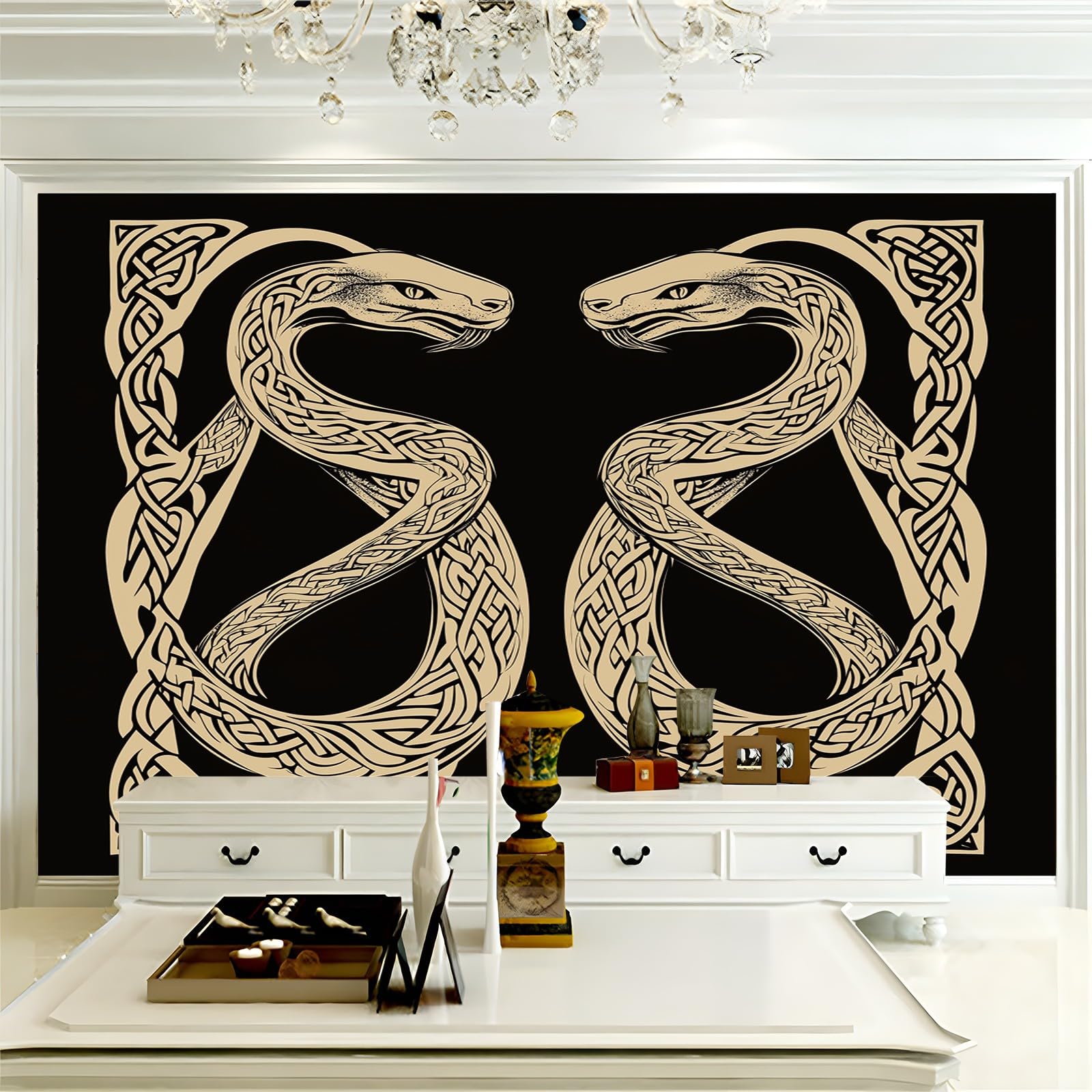 Panoramiczna tapeta serpentyna czarna złota 300 x 210 cm (szer. x wys.), dekoracja ścienna do sypialni salonu nowoczesny design do salonu dla dorosłych pokój dziecięcy restauracja