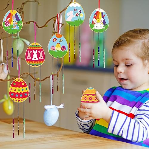 Miniatura 4 de KATOOM Paquete de 9 carillones de viento para niños, kits de manualidades de huevos de Pascua, campanillas de viento, adornos de huevo de madera sin