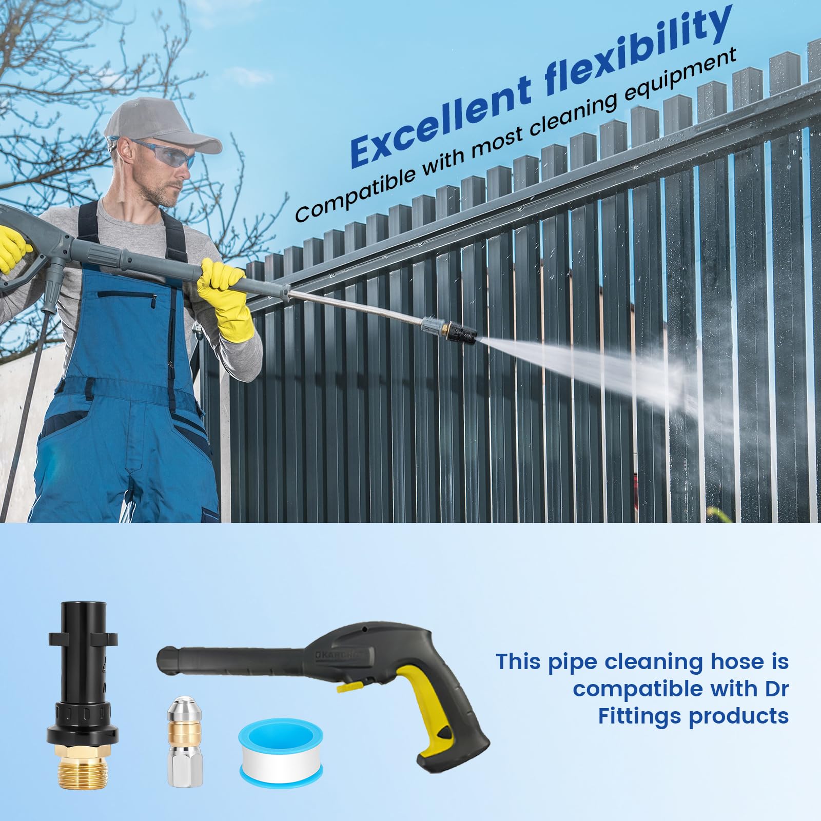 20M Tuyau Déboucheur Canalisation Haute Pression, Tuyau Flexible 180 Bar 60°C, Kit Furet Professional avec Adaptateur,Buse Fixe/Rotative, Rallonge De Tuyau Compatible Avec Kärcher K2-K7