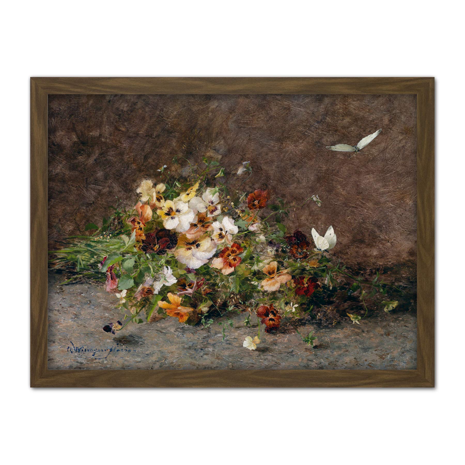Artery8 Florian Pansies Butterflies Flowers Painting Artwork Framed Wall Art Print 18X24 Inch