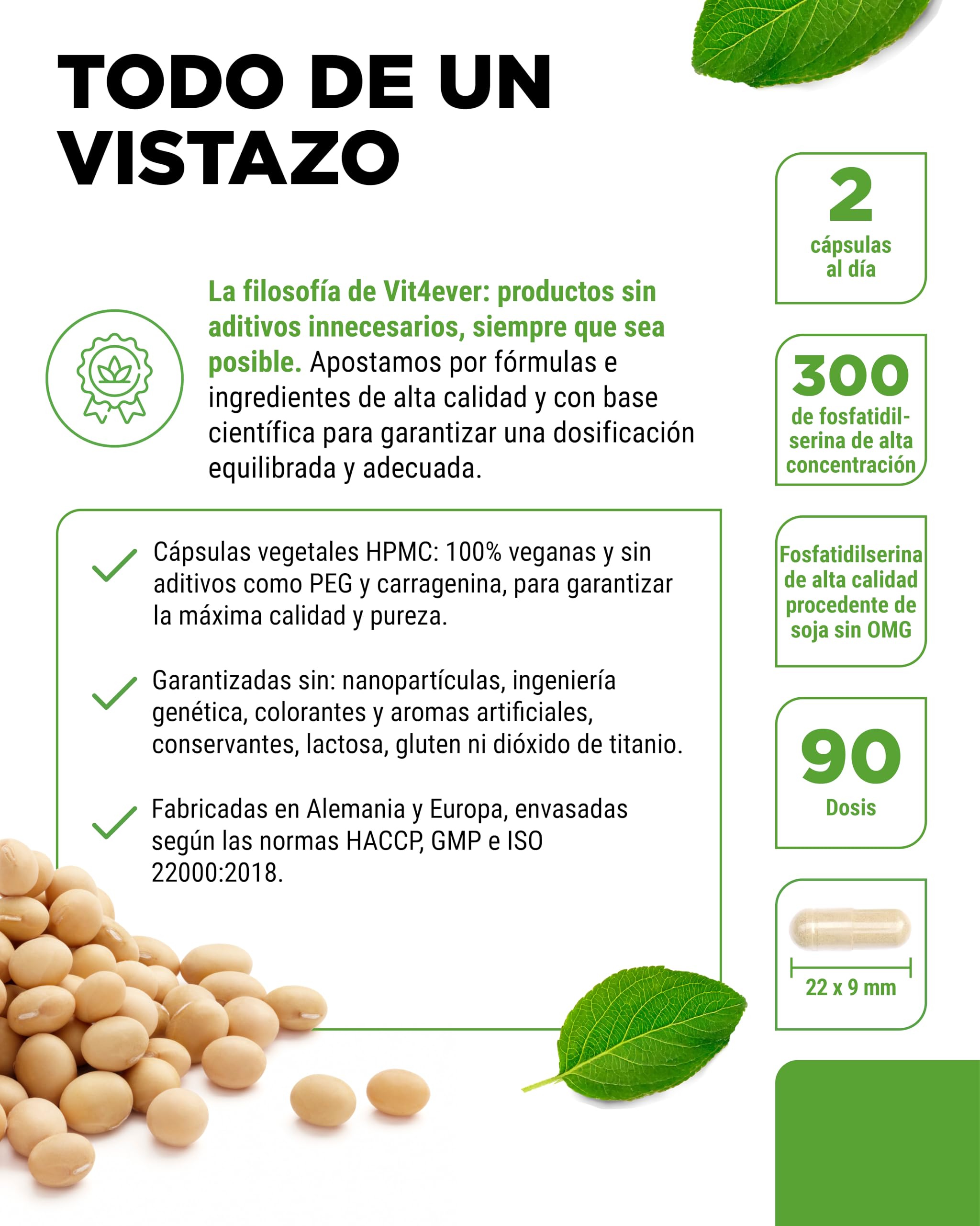 vit4ever Fosfatidilserina Cápsulas - 300 mg por Dosis Diaria - 180 Cápsulas - Alta Dosis - Fosfolípido PS - Vegano - Sin Aditivos Innecesarios
