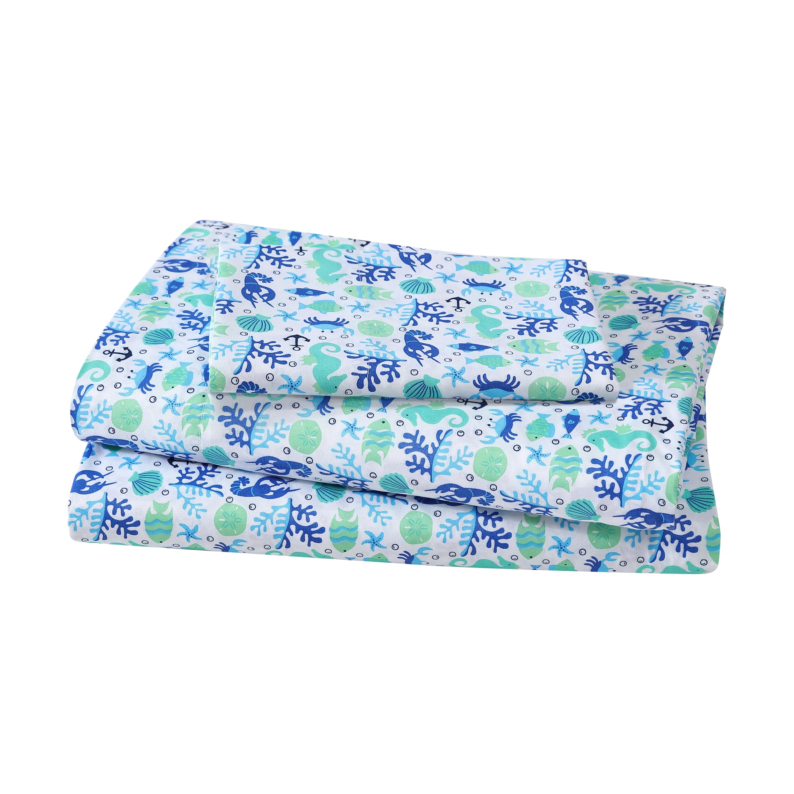 Beatrice Home Fashions Coastal Print Microfiber Sheet Set, Soft, Comfy, 12" Deep Pockets, Twin, Clearwater Aqua