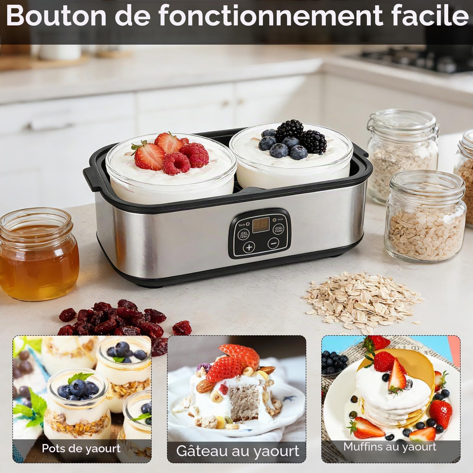 Yaourtière 2L, Machine à Yaourt avec 2 Pots de 1L, Yaourtière Numérique en Acier Inoxydable, Yaourtière Automatique pour Yaourt Maison DIY, Fromage ou Natto