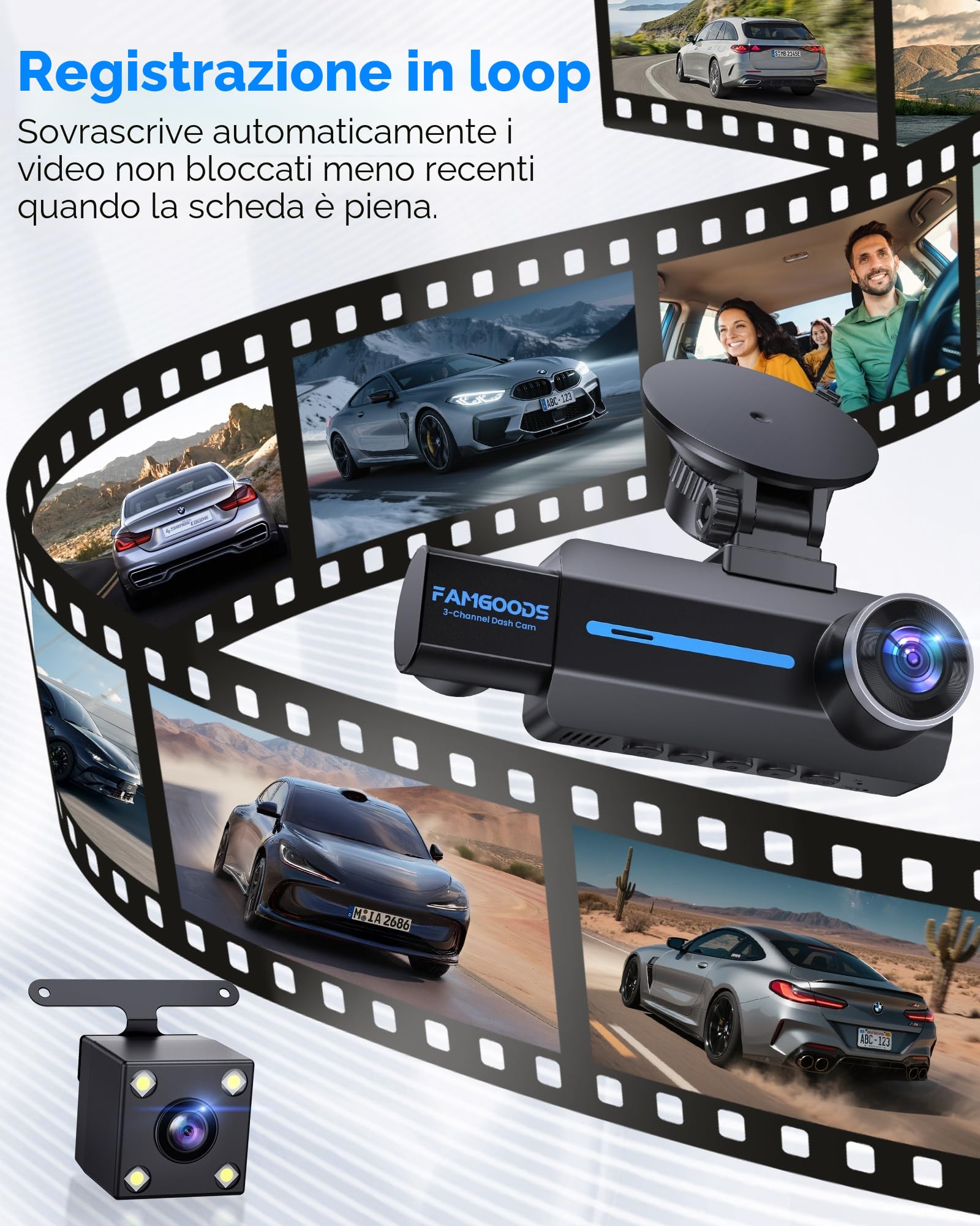 Famgoods Dash Cam Auto Fronte 4K, Retro, Interno, Dashcam Auto 360°, 3.16 "schermo IPS, scheda gratuita 64GB, Dashcam Auto 5GHz WiFi, APP, Visione Notturna Super, Sensore G, Registrazione Loop