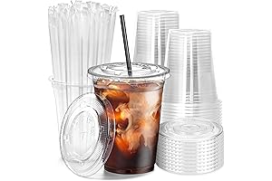 Fit Meal Prep 16 oz Plastic Cups with Lids and Straws (100 Pack)
