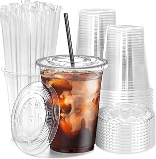 Fit Meal Prep 100 Pack 16 oz Plastic Iced Coffee Cups with Flat Lids and Black Straws, Disposable Clear Cup, BPA Free Cup for Party, Smoothie, Cold Drinks, Juice, Milkshake, Bubble Boba, Tea