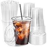 Fit Meal Prep 100 Pack 16 oz Plastic Iced Coffee Cups with Flat Lids and Black Straws, Disposable Clear Cup, BPA Free Cup for Party, Smoothie, Cold Drinks, Juice, Milkshake, Bubble Boba, Tea