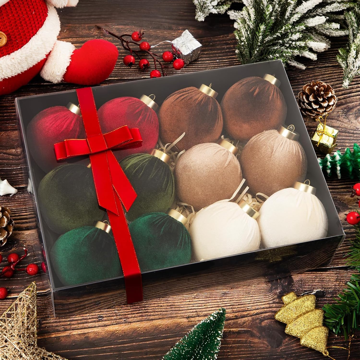 LATERN 12Pcs Velvet Christmas Baubles, 8CM Flocked Christmas Ball Ornaments Shatterproof Christma Hanging Balls Sets for Christma Tree Holidays Home Xmas Party Decoration (6 Colors)