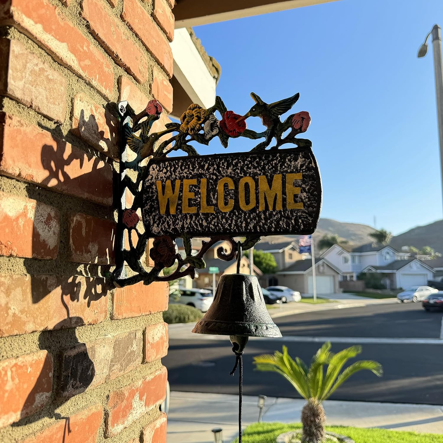 Vintage Cast Iron Welcome Sign with Functional Doorbell (13.5x11 inches) - Decorative Outdoor Wall Hanging with Hand-Painted Birds and Flowers HC7466