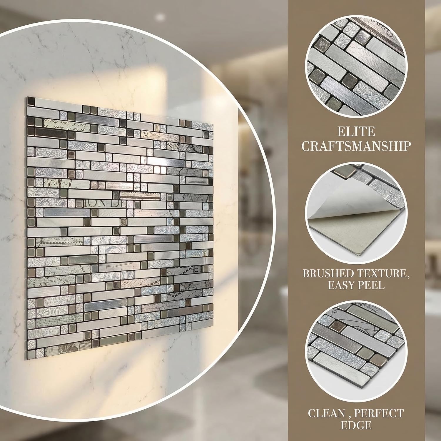10 Sheets Peel and Stick Backsplash Tile, Self-Adhesive Mosaic Tile, Stick on Kitchen, Bathroom Vanities, Fireplace Décor, Laundry Table (10, Silver1)